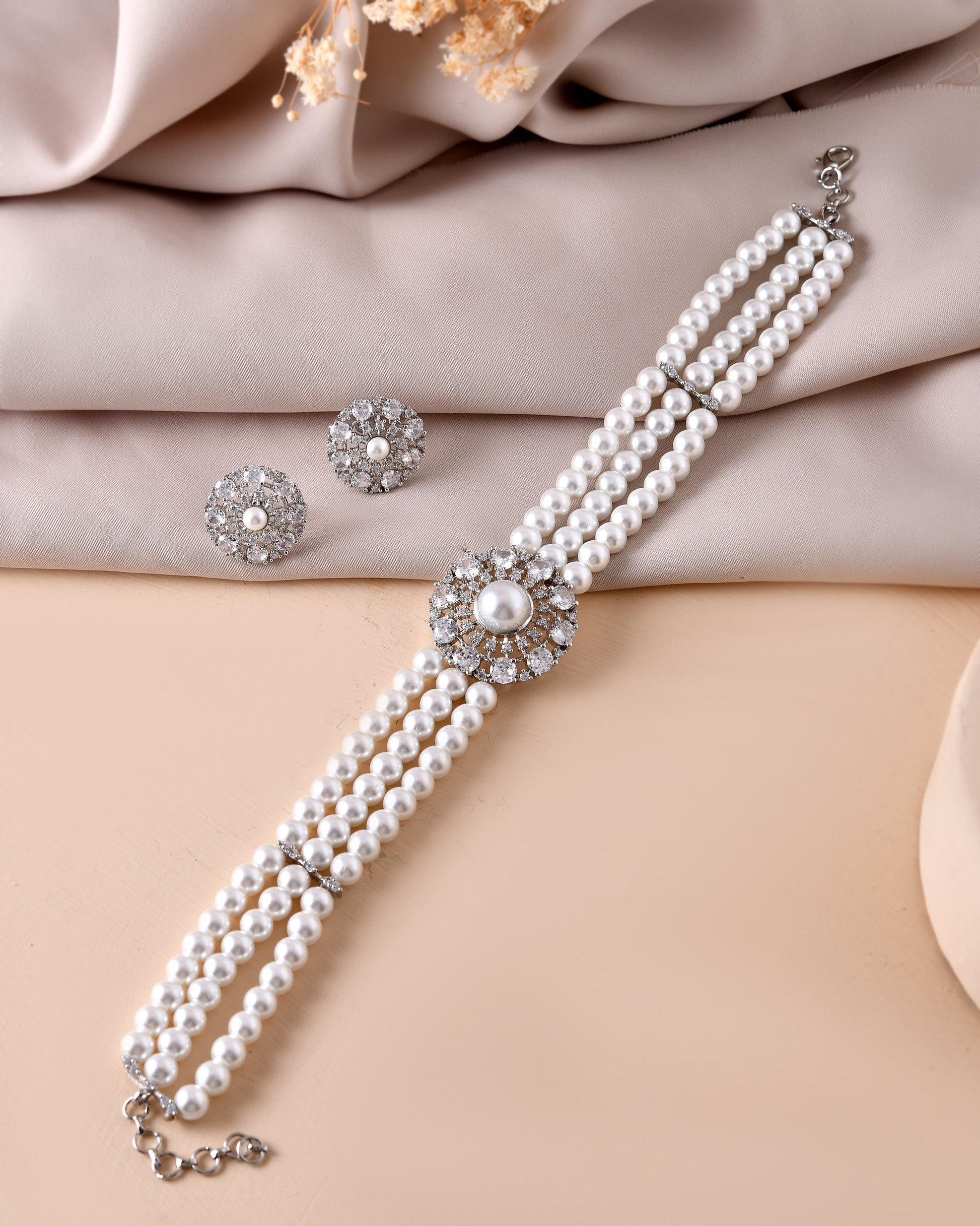 VOJ Silver Plated Pearl And Ad Stone Studded Choker Necklace With Earrings Set 