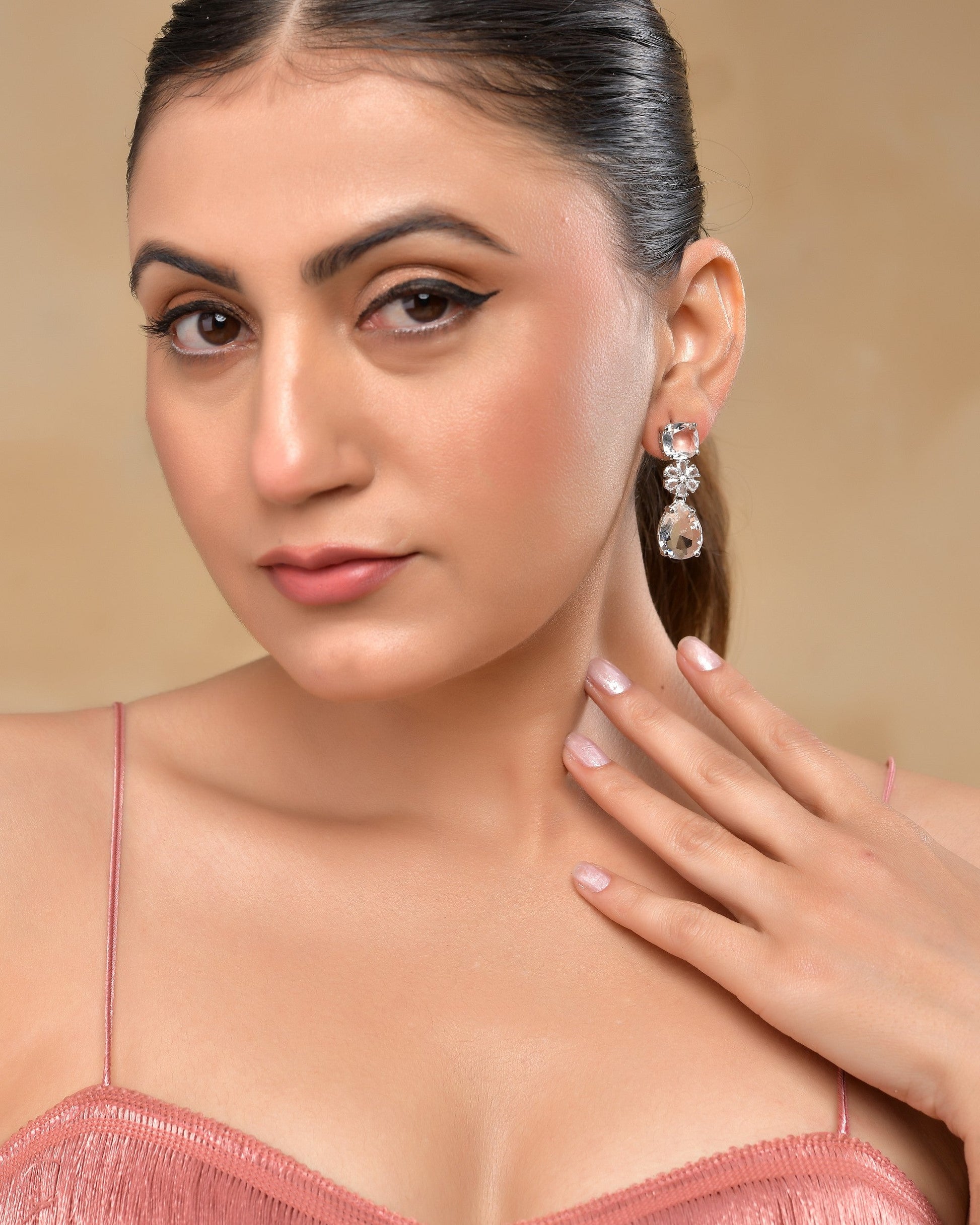 VOJ Silver Plated Stone Studded Floral Shaped Studs Earrings 