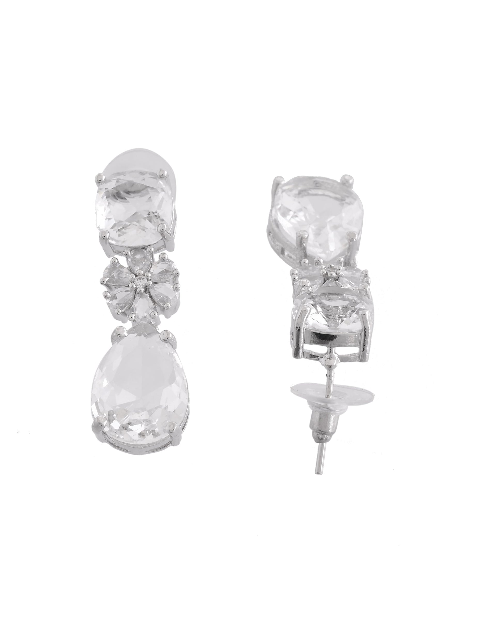 VOJ Silver Plated Stone Studded Floral Shaped Studs Earrings 