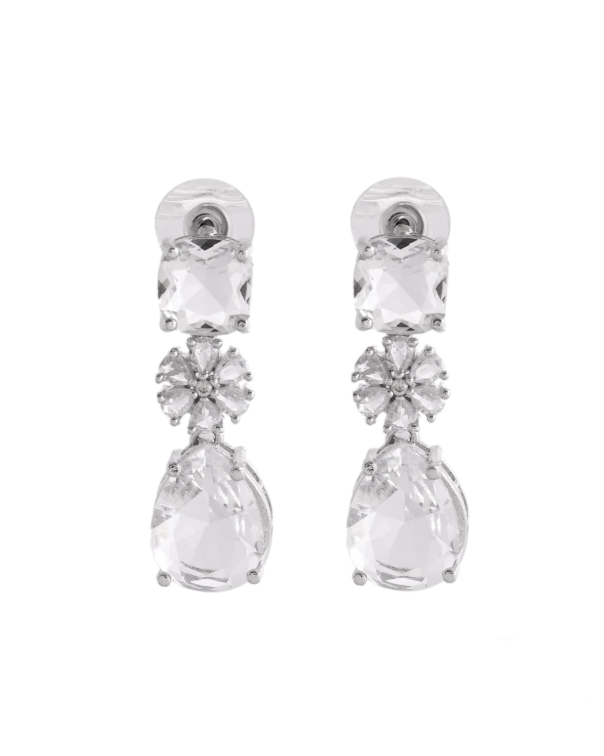 VOJ Silver Plated Stone Studded Floral Shaped Studs Earrings 