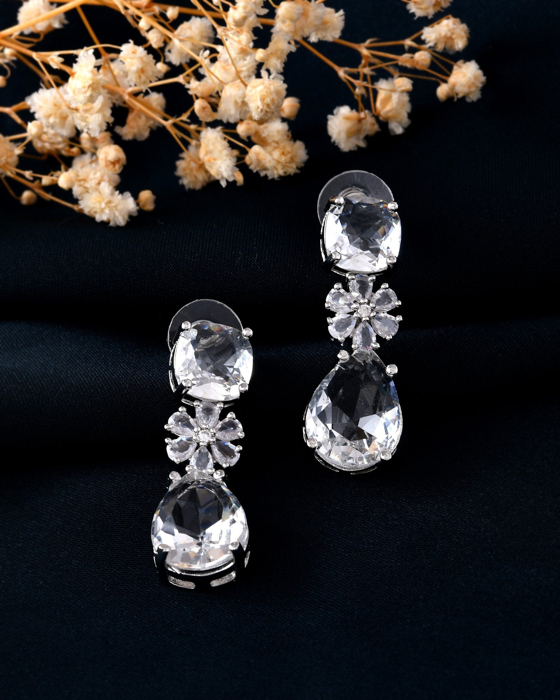 VOJ Silver Plated Stone Studded Floral Shaped Studs Earrings 