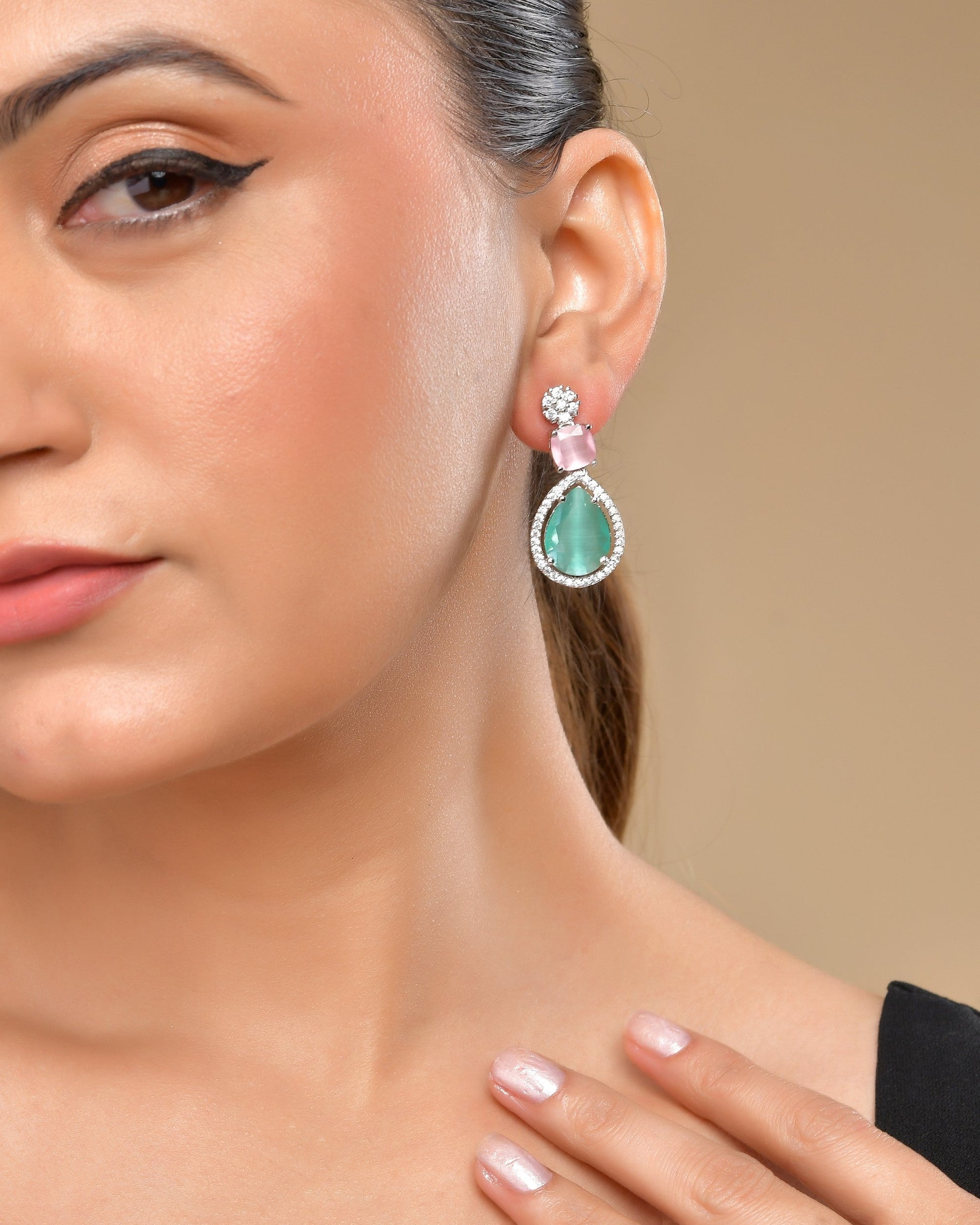 VOJ Silver Plated Teal And Pink Stone Studded Elegant Earrings 