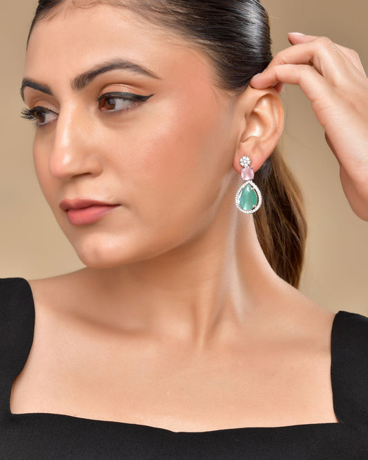 VOJ Silver Plated Teal And Pink Stone Studded Elegant Earrings 