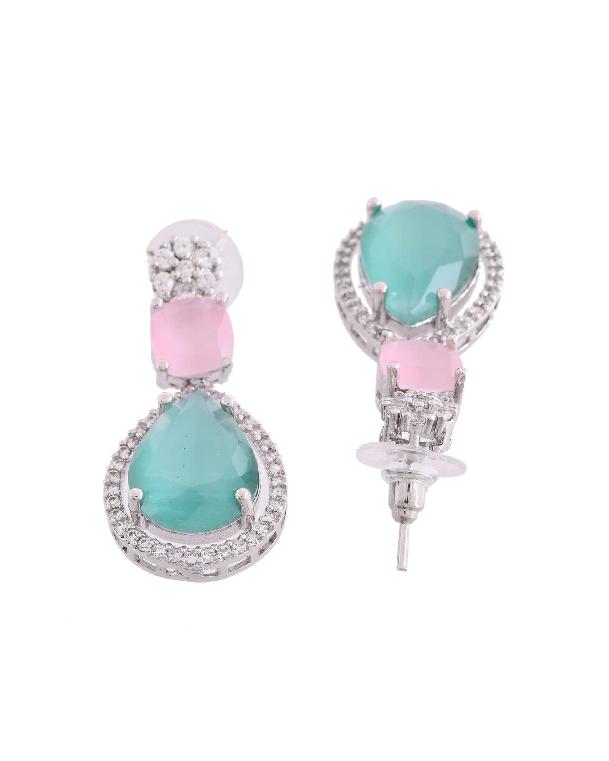 VOJ Silver Plated Teal And Pink Stone Studded Elegant Earrings 