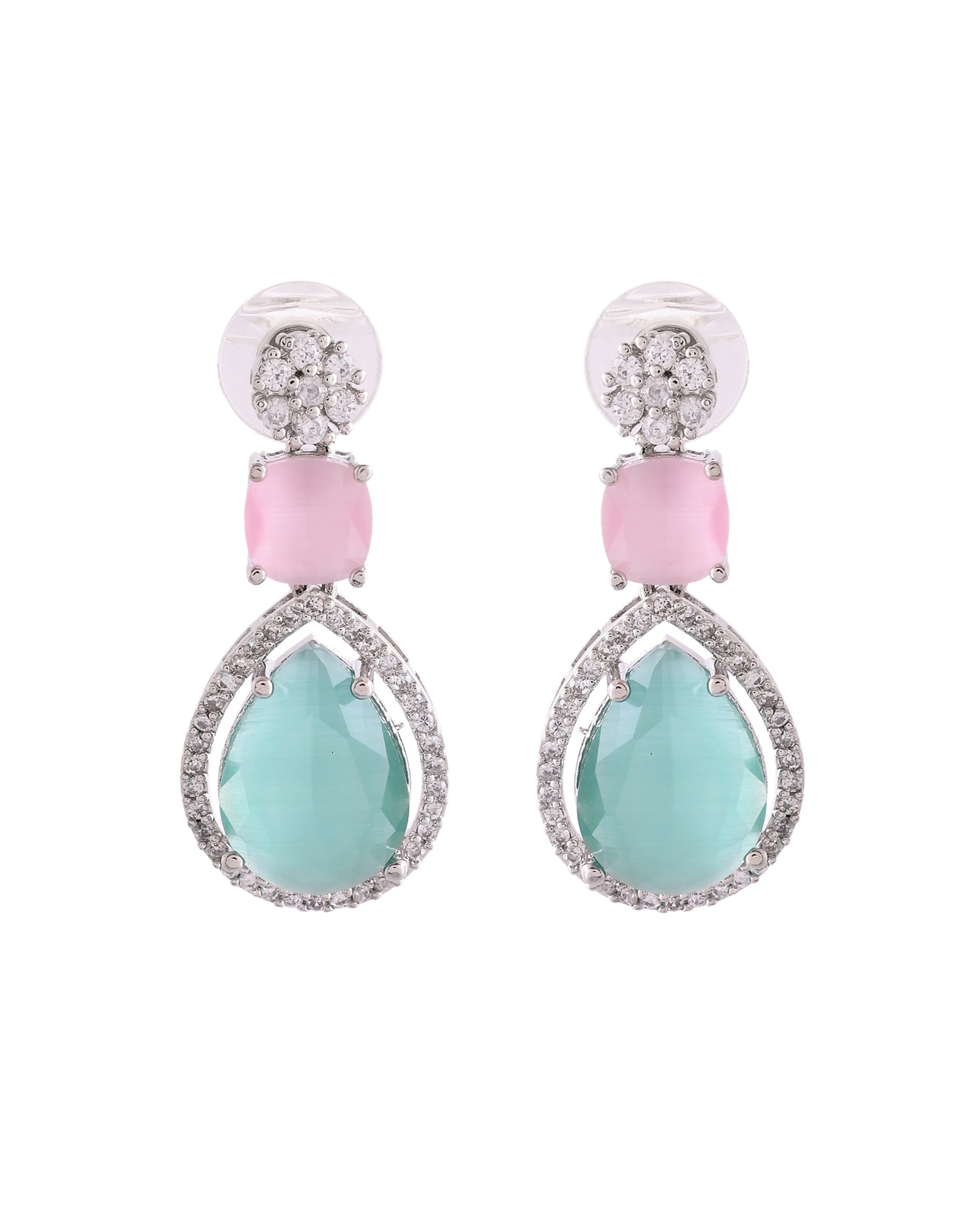 VOJ Silver Plated Teal And Pink Stone Studded Elegant Earrings 