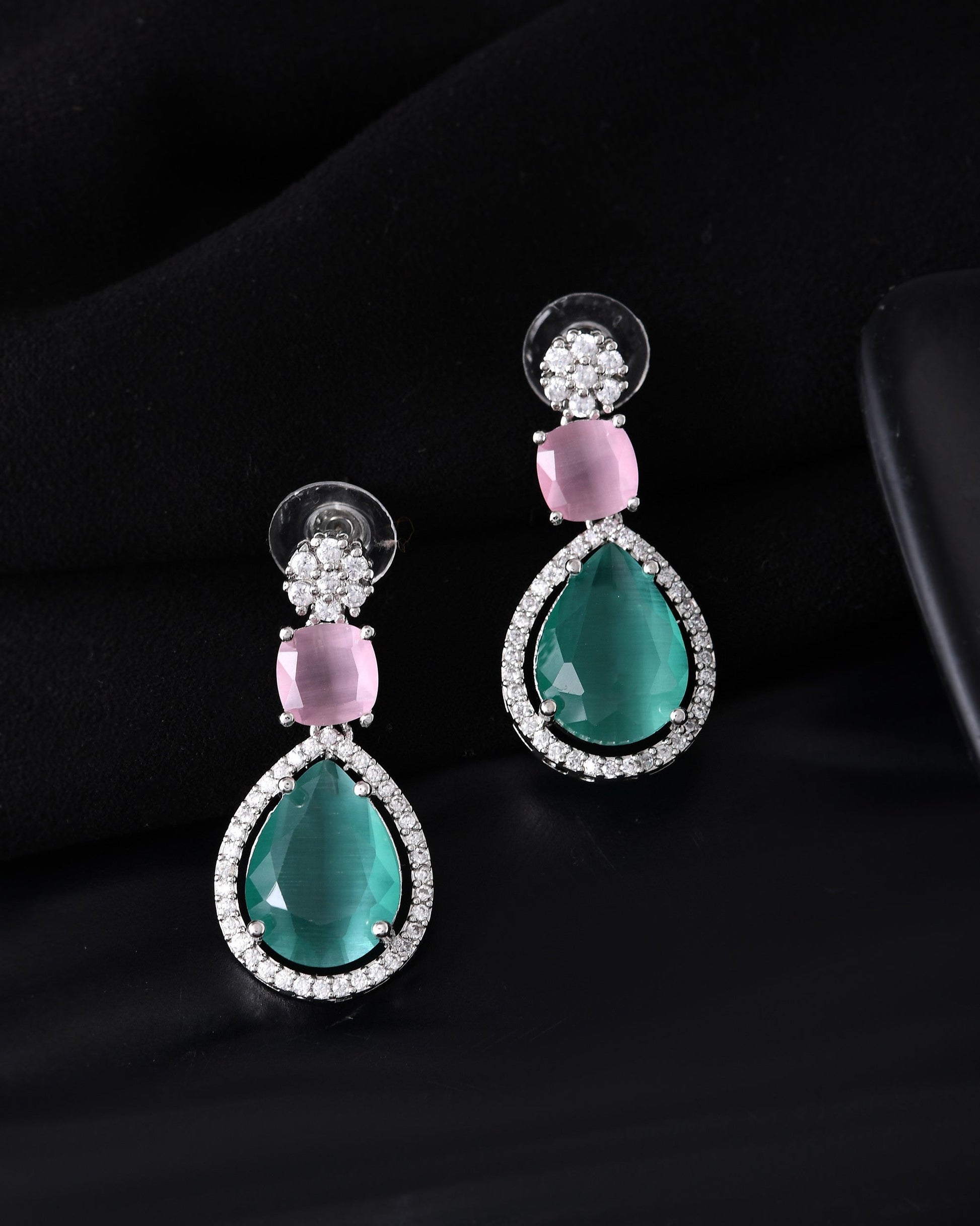 VOJ Silver Plated Teal And Pink Stone Studded Elegant Earrings 