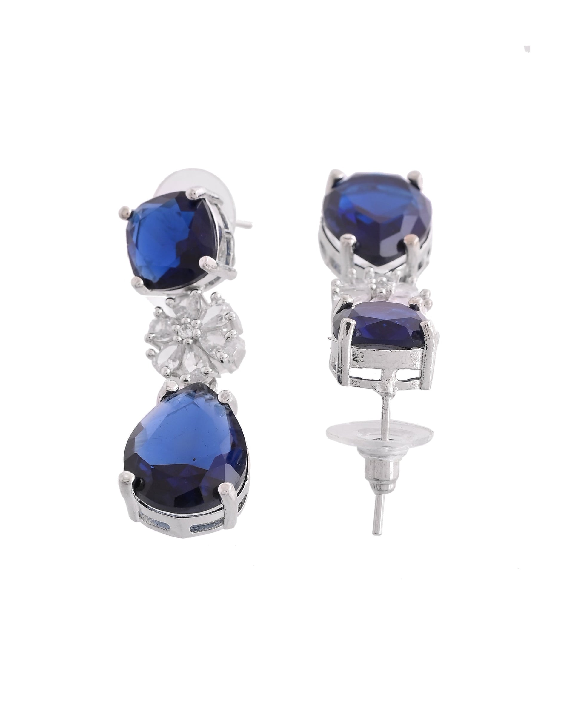 VOJ Silver Plated Blue Stone Studded Floral Shaped Studs Earrings 