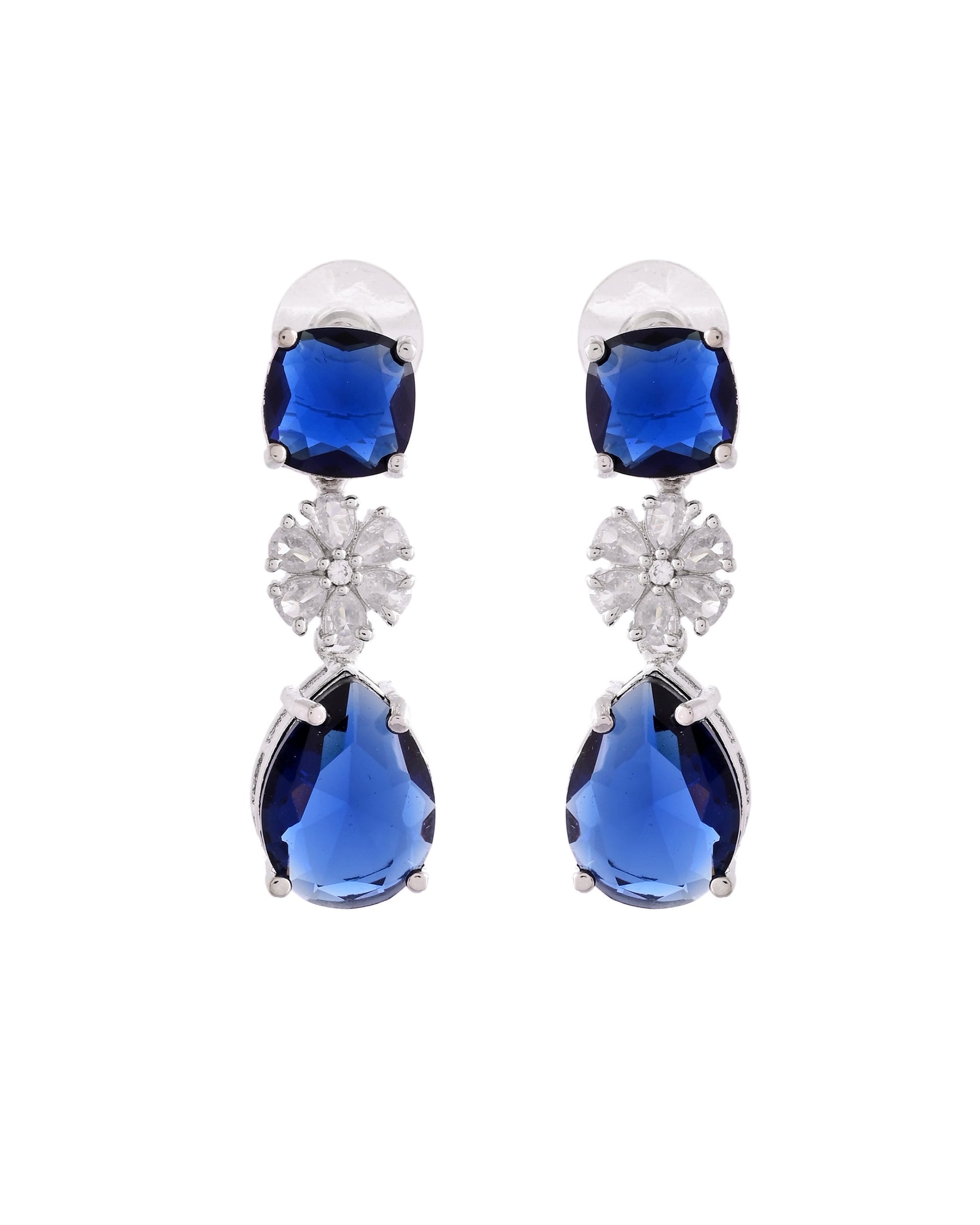 VOJ Silver Plated Blue Stone Studded Floral Shaped Studs Earrings 