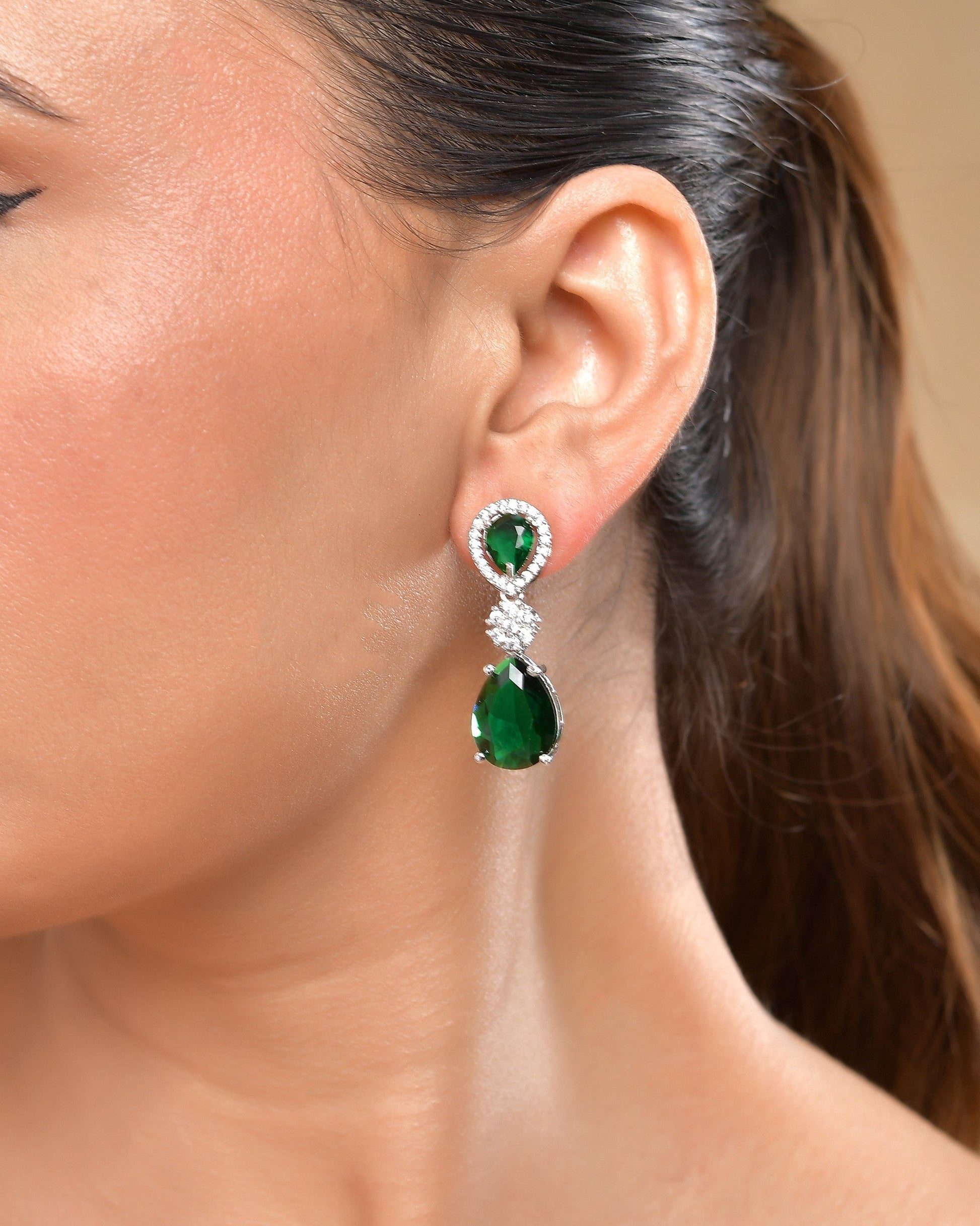 VOJ Silver Plated Green Stone Studded Floral Shaped Studs Earrings 