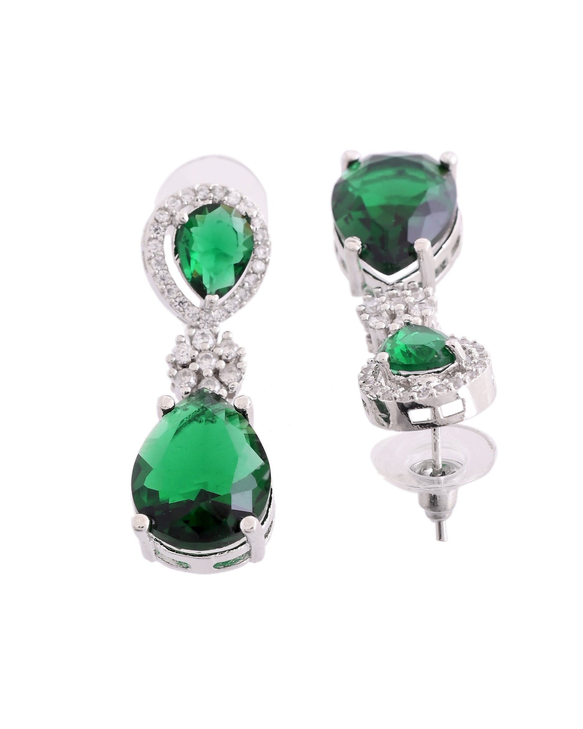 VOJ Silver Plated Green Stone Studded Floral Shaped Studs Earrings 