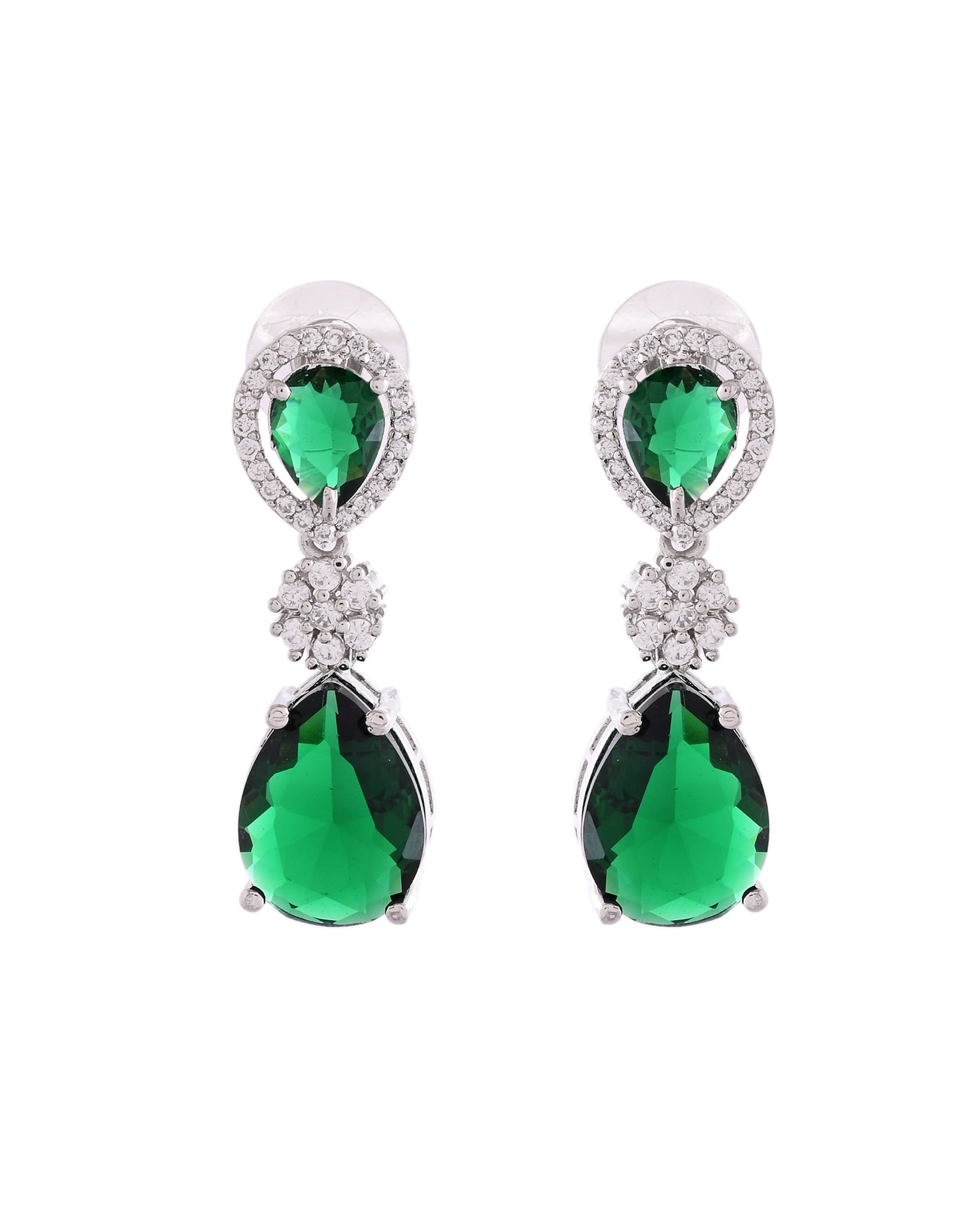 VOJ Silver Plated Green Stone Studded Floral Shaped Studs Earrings 
