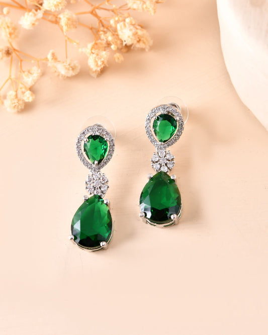 VOJ Silver Plated Green Stone Studded Floral Shaped Studs Earrings 