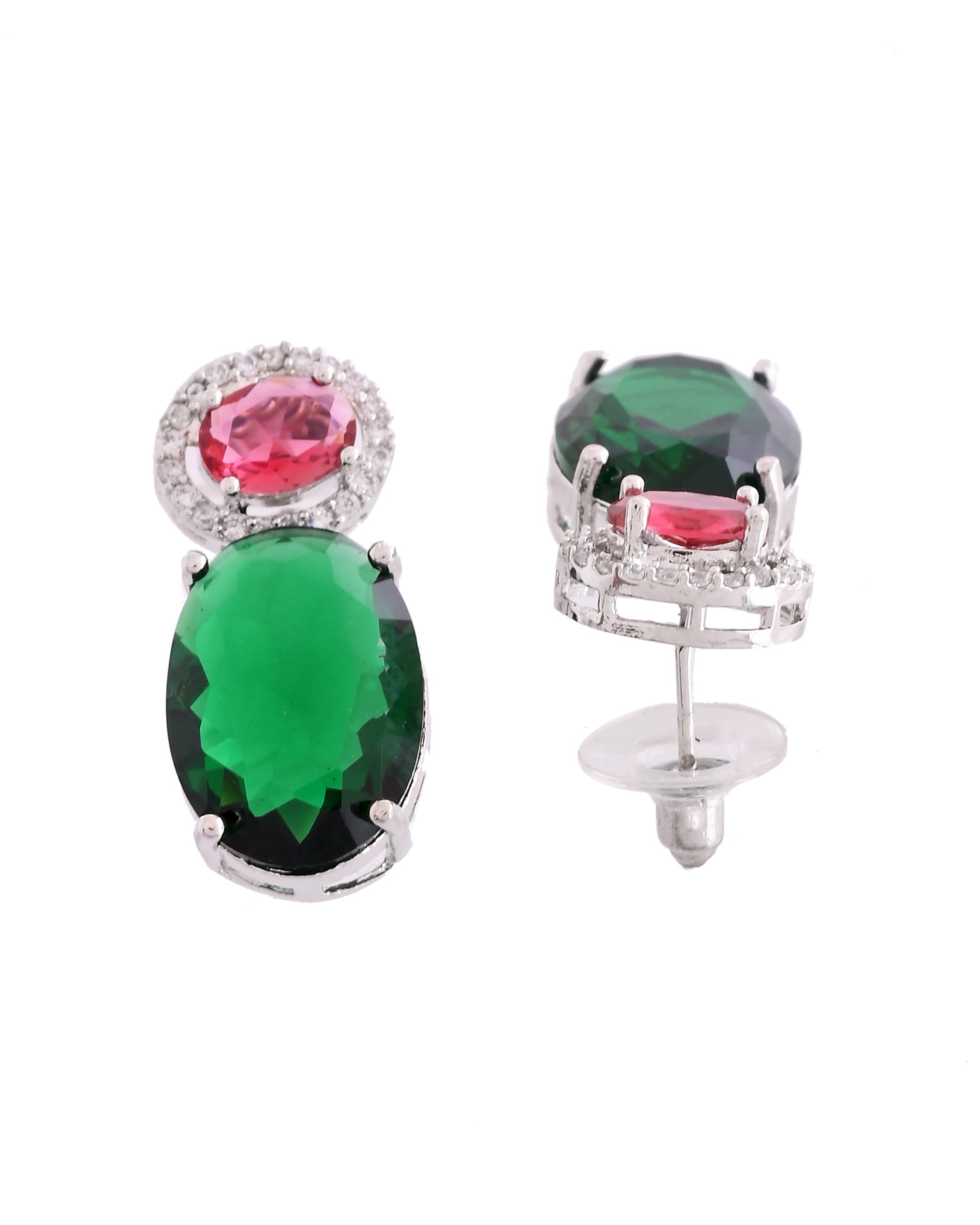 VOJ Silver Plated Green And Red Stone Studded Elegant Ad Earrings 