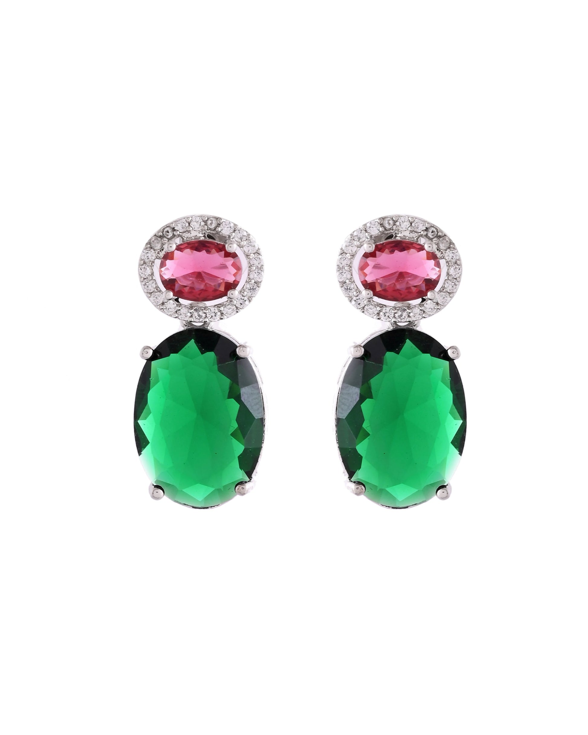 VOJ Silver Plated Green And Red Stone Studded Elegant Ad Earrings 