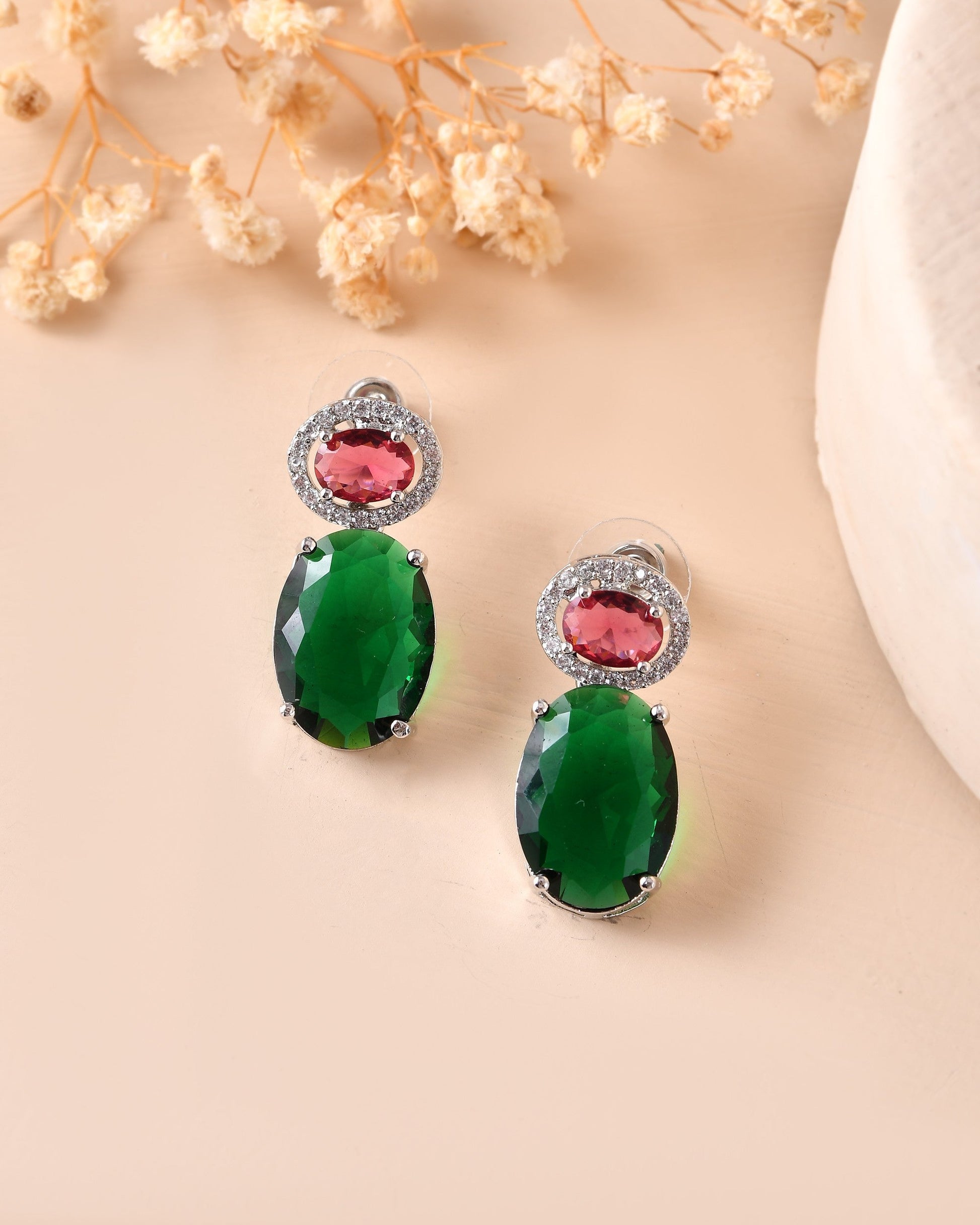 VOJ Silver Plated Green And Red Stone Studded Elegant Ad Earrings 