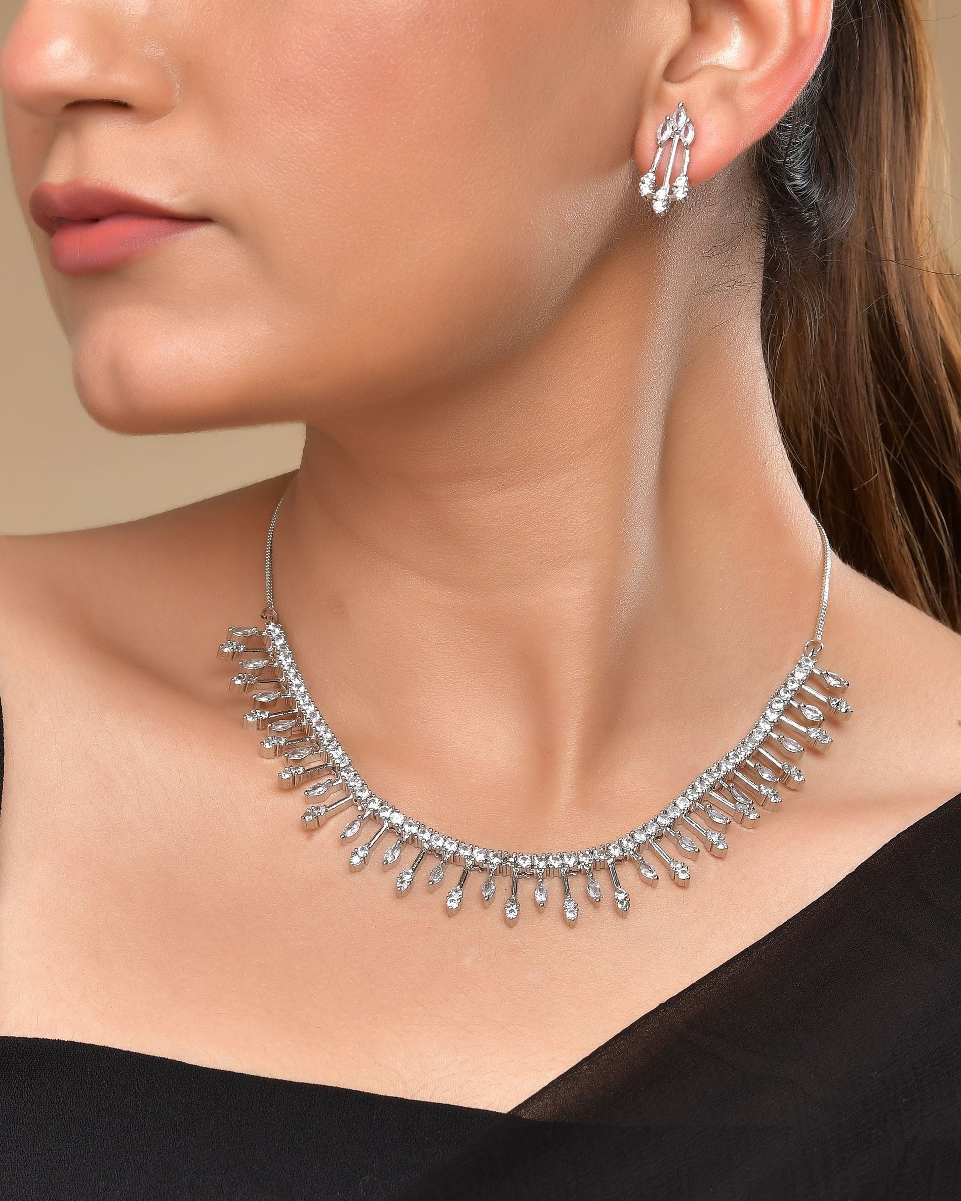 VOJ Silver Plated Ad Stone Studded Elegant Minimal Jewellery Set 