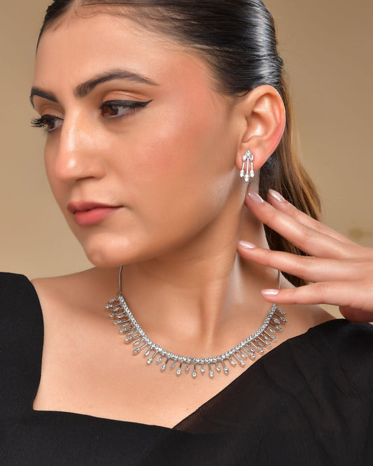 VOJ Silver Plated Ad Stone Studded Elegant Minimal Jewellery Set 