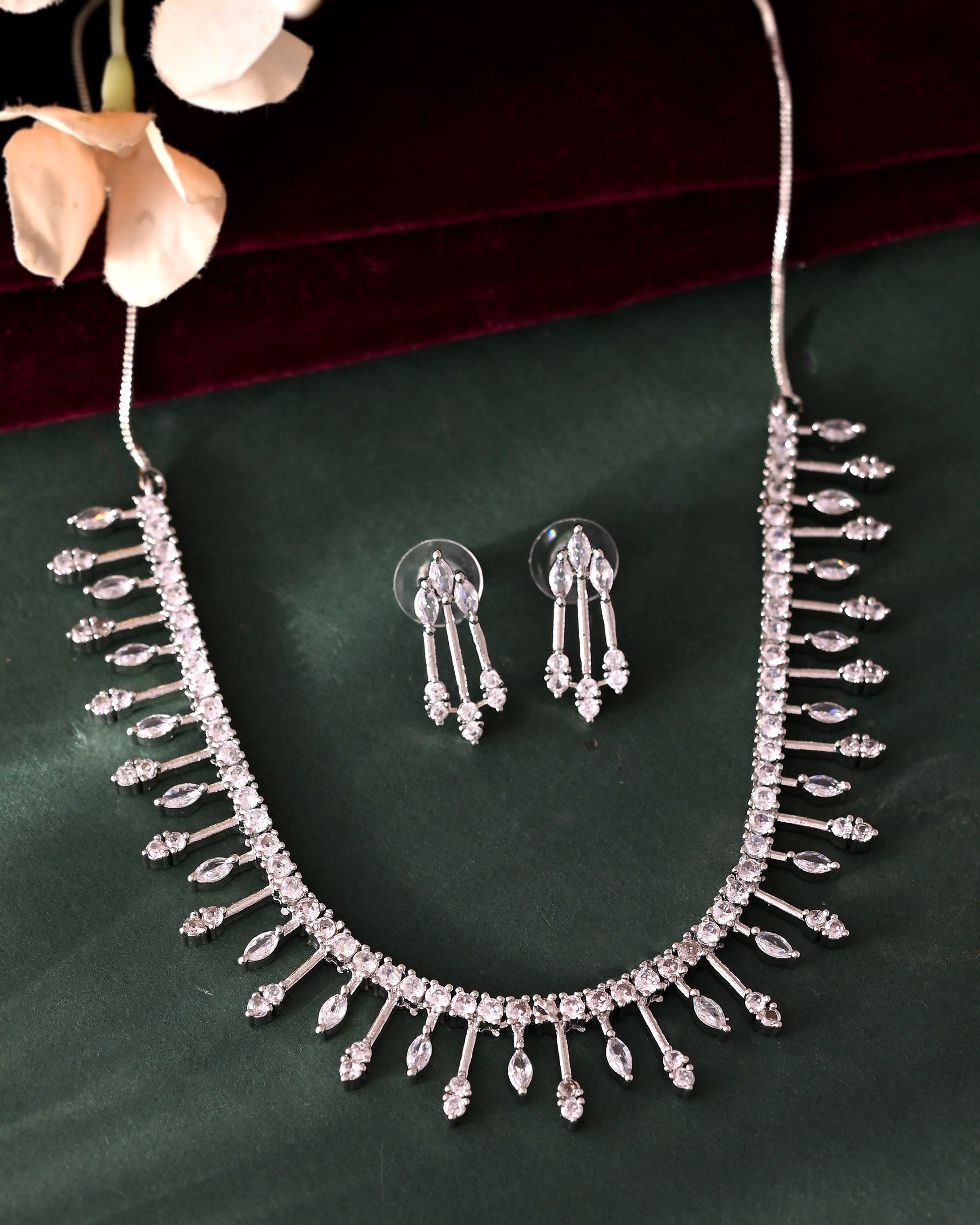 VOJ Silver Plated Ad Stone Studded Elegant Minimal Jewellery Set 