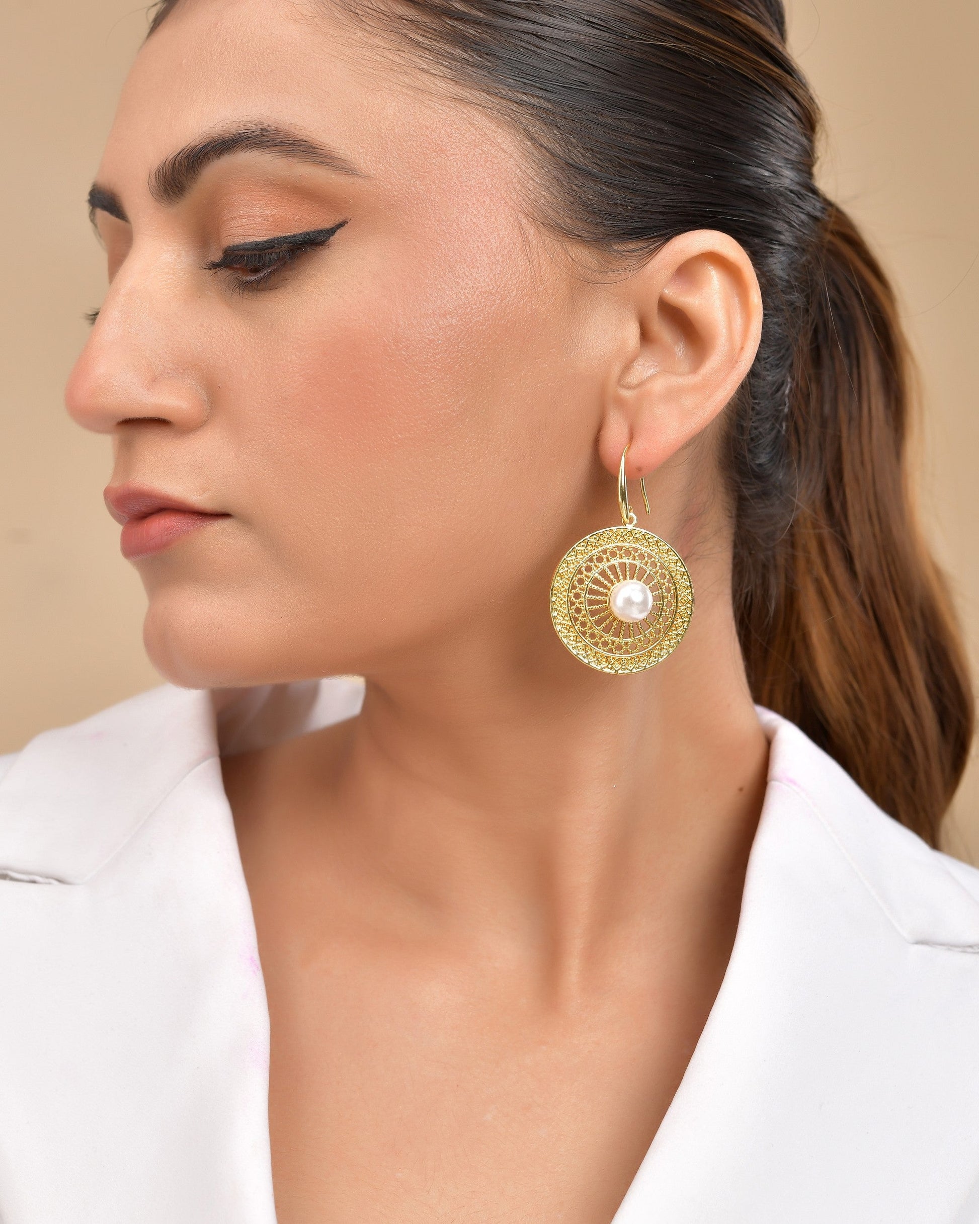 VOJ Gold Polished Anti Tarnish Circular Shaped Drop Earrings 
