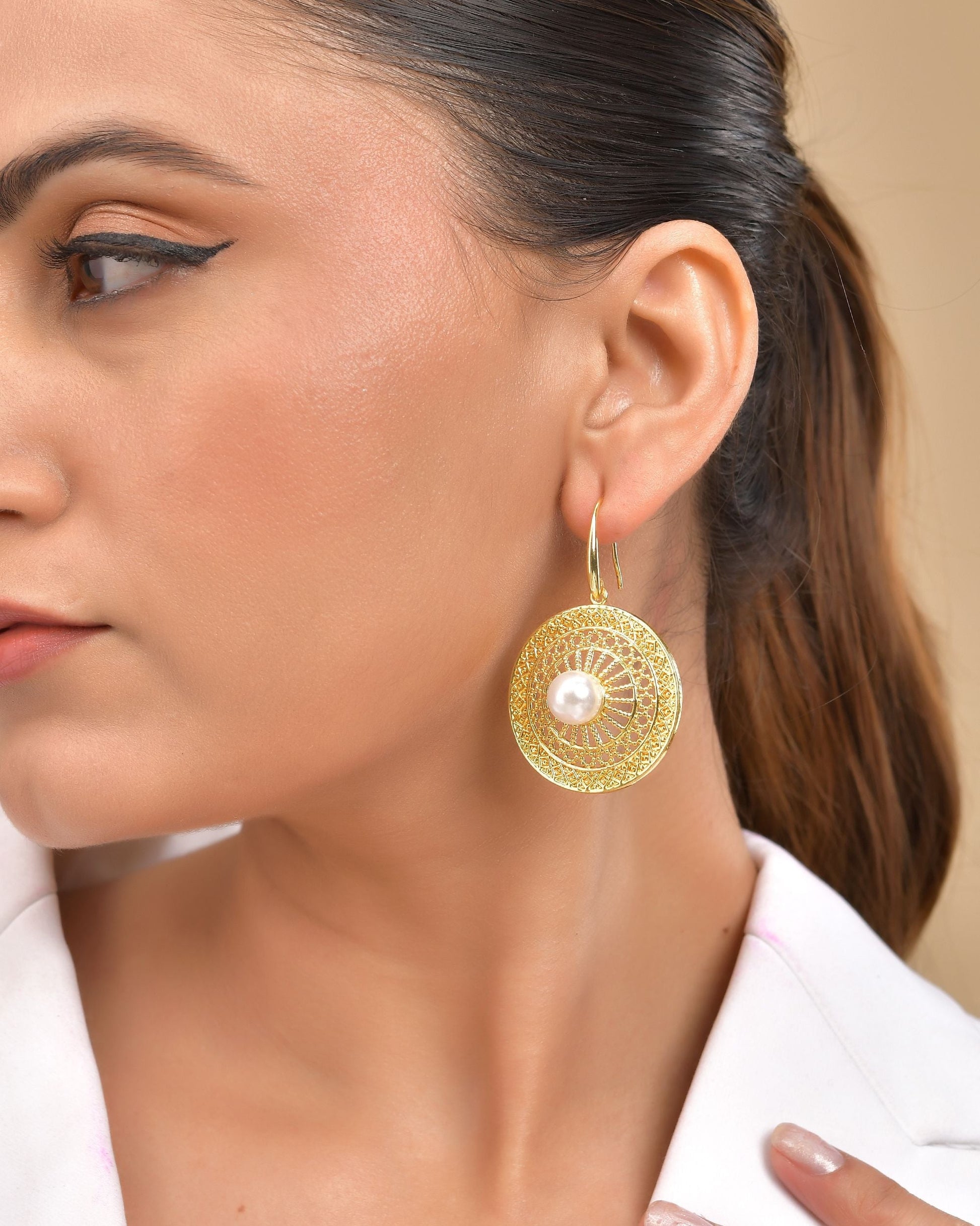 VOJ Gold Polished Anti Tarnish Circular Shaped Drop Earrings 
