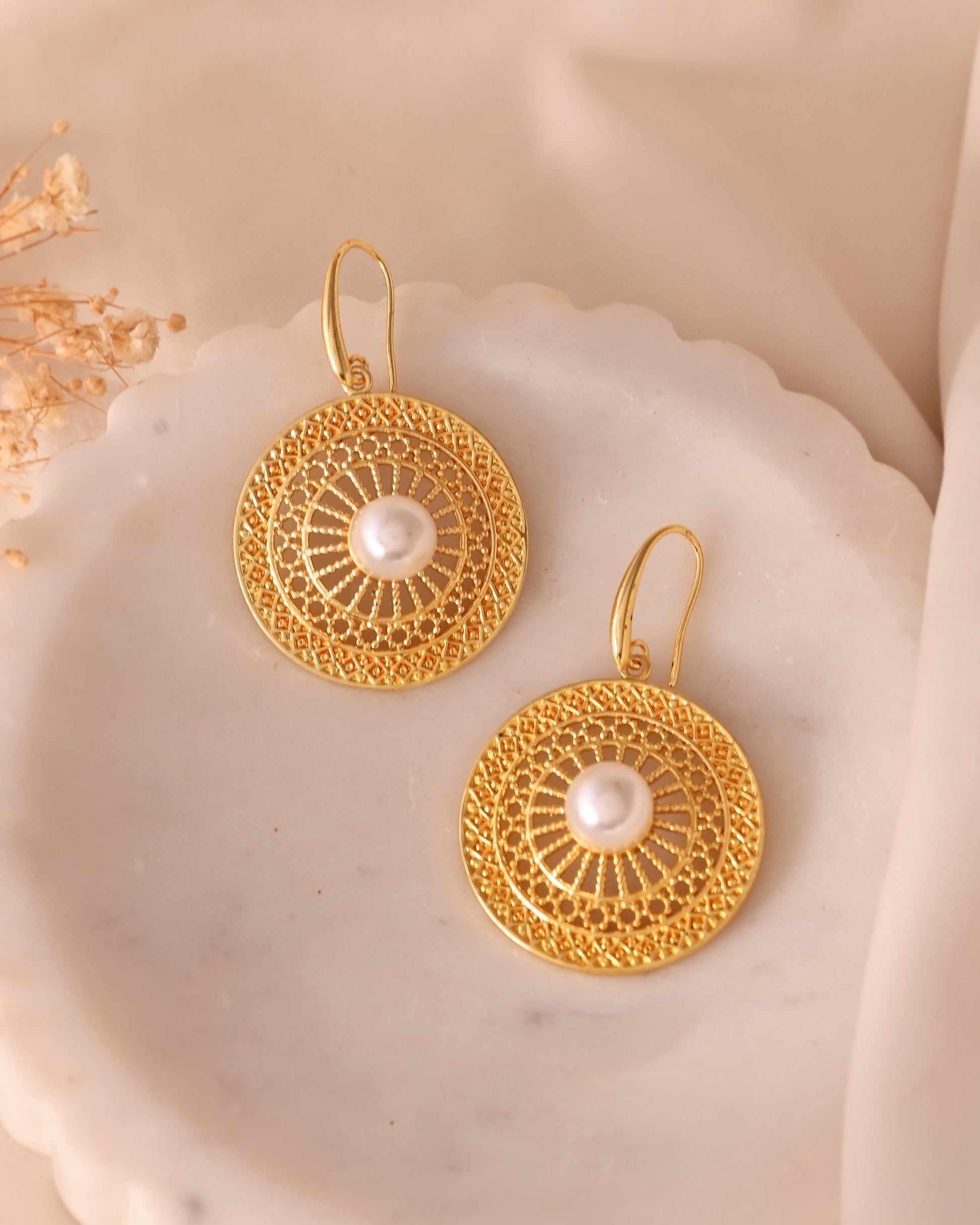 VOJ Gold Polished Anti Tarnish Circular Shaped Drop Earrings 