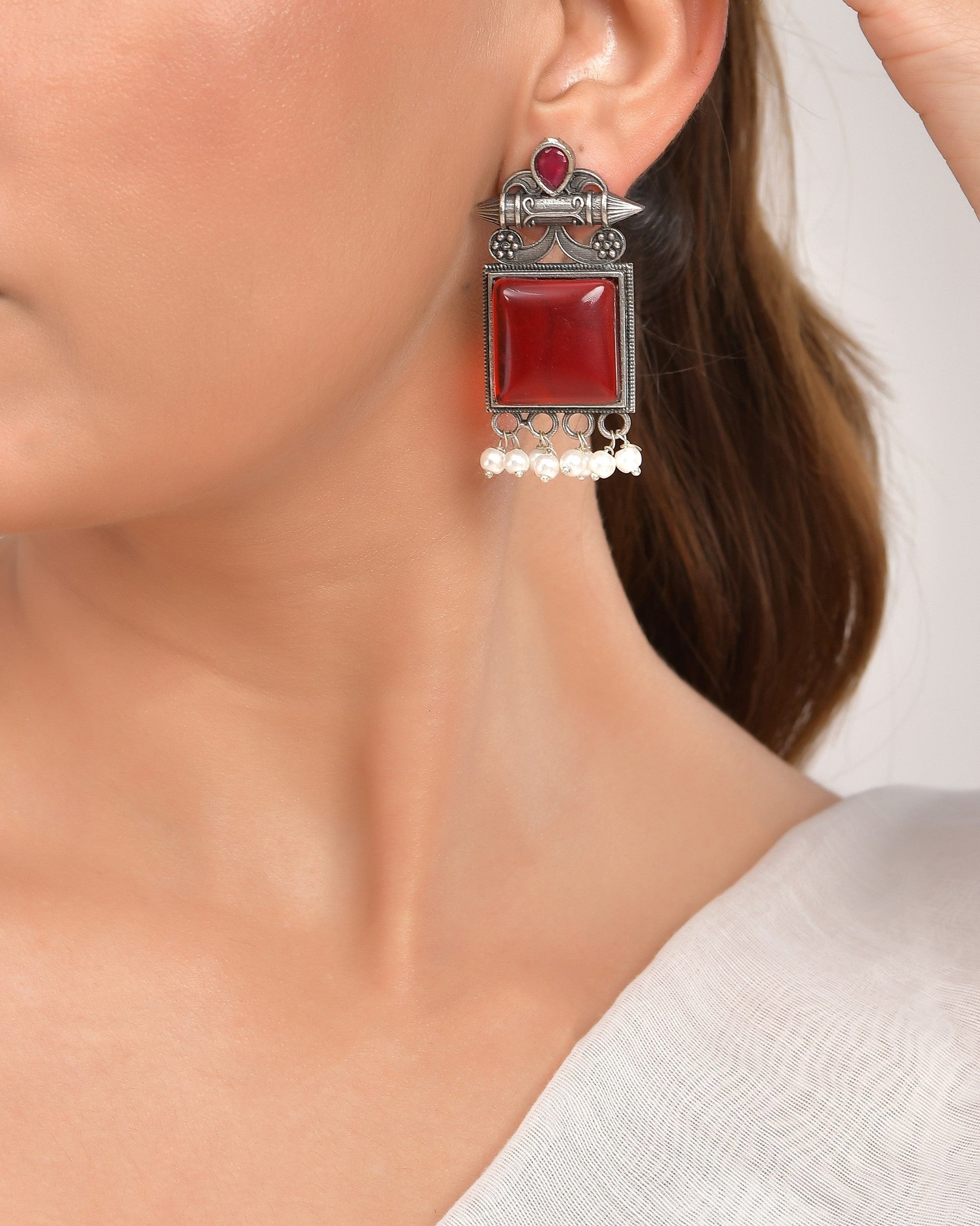 VOJ Silver Plated Oxidized Red Stone Studded Earrings 