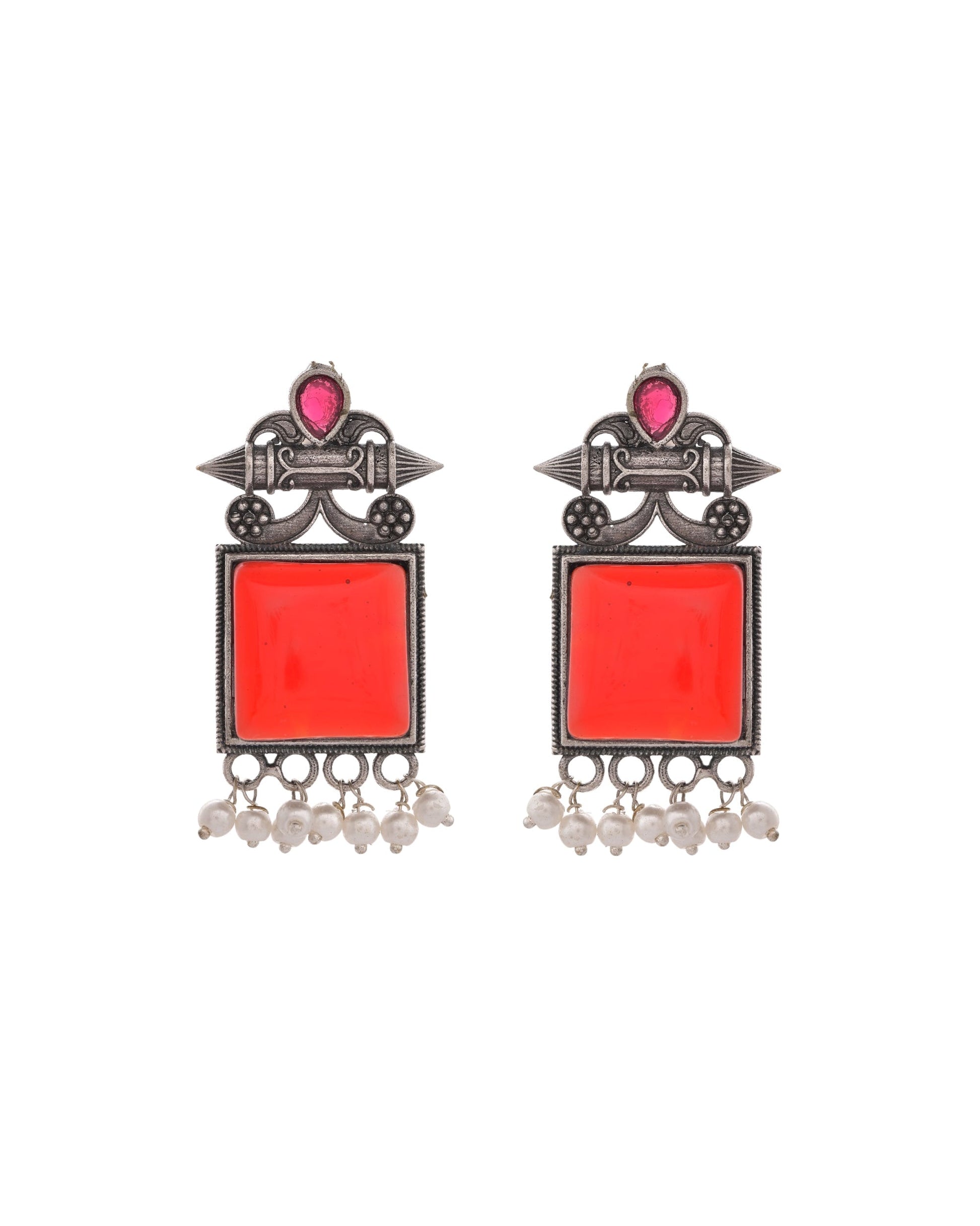 VOJ Silver Plated Oxidized Red Stone Studded Earrings 