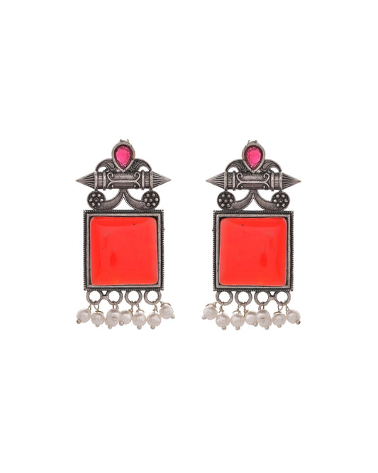 VOJ Silver Plated Oxidized Red Stone Studded Earrings 