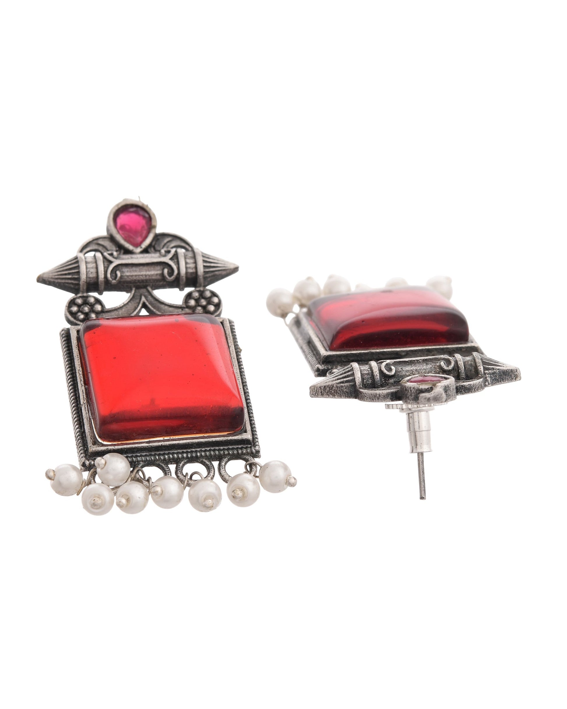 VOJ Silver Plated Oxidized Red Stone Studded Earrings 
