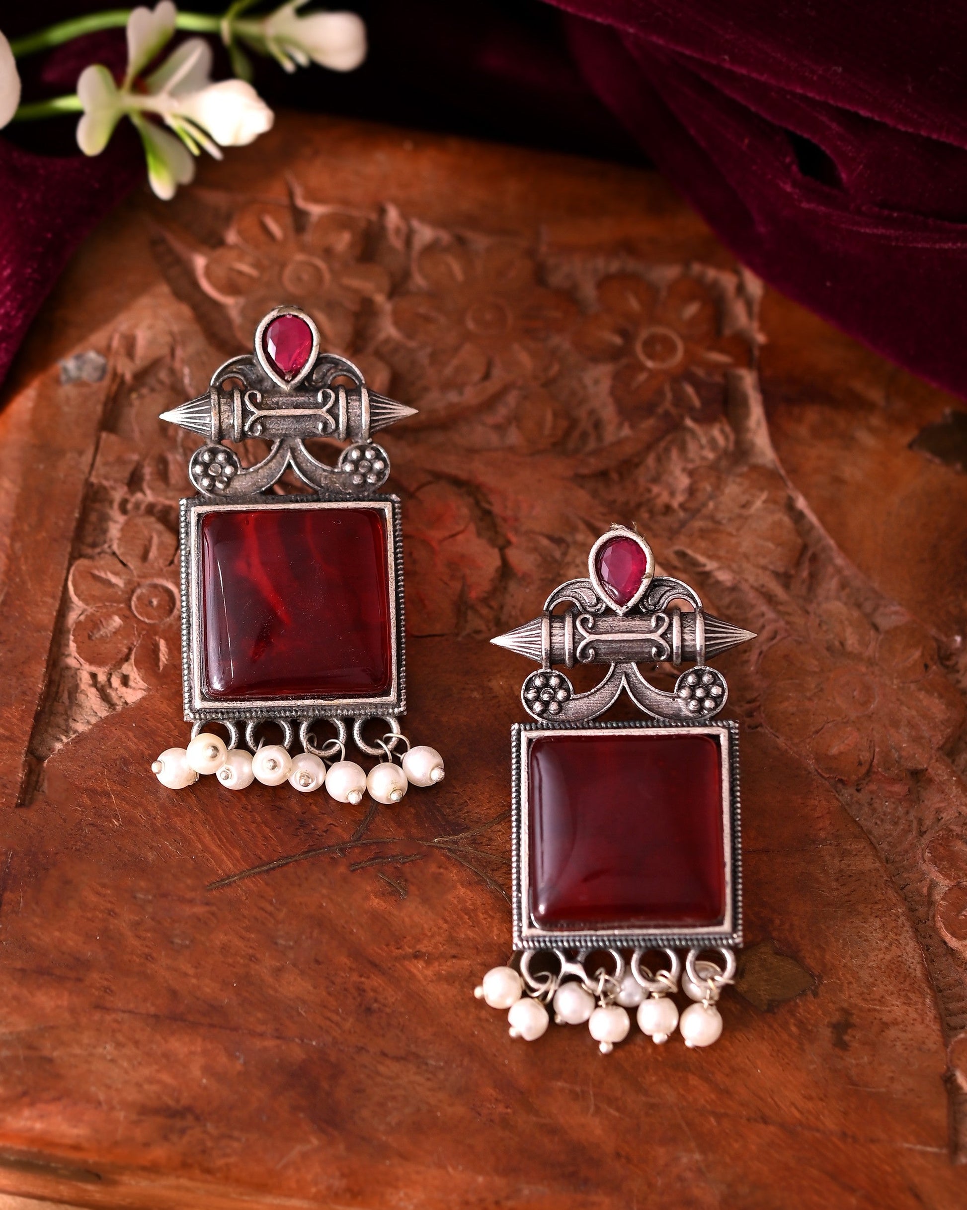 VOJ Silver Plated Oxidized Red Stone Studded Earrings 