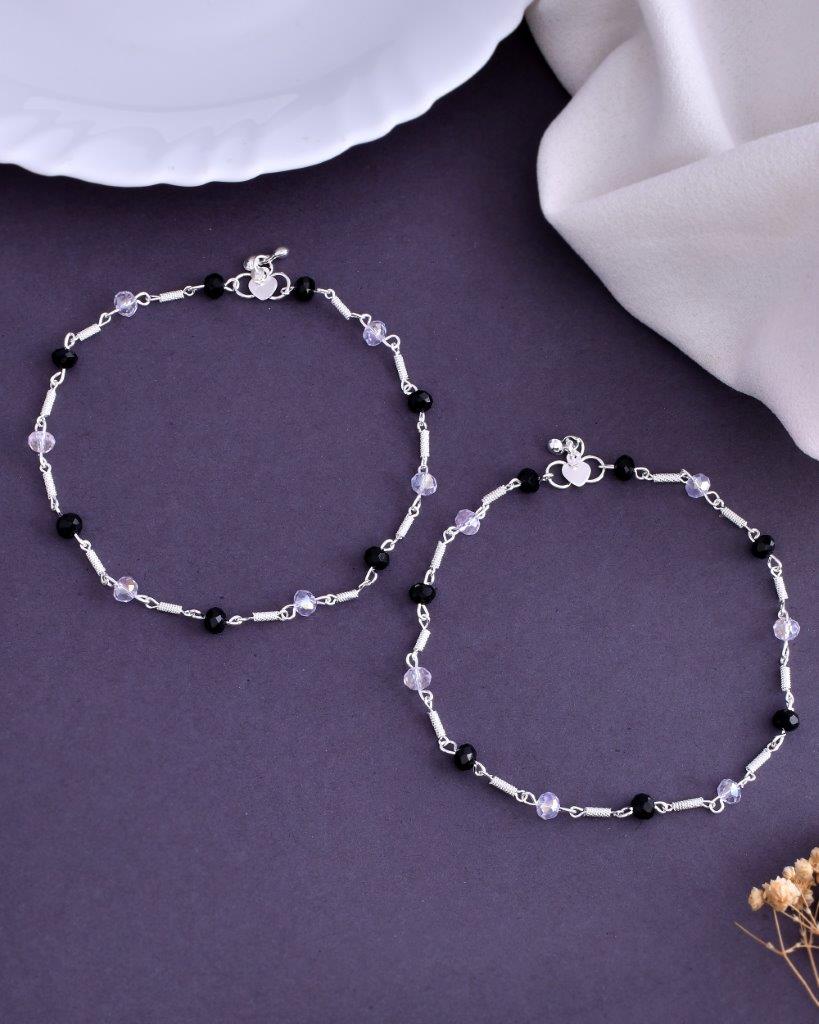 VOJ Set of 2 Silver Plated Black & White Beads Anklets 