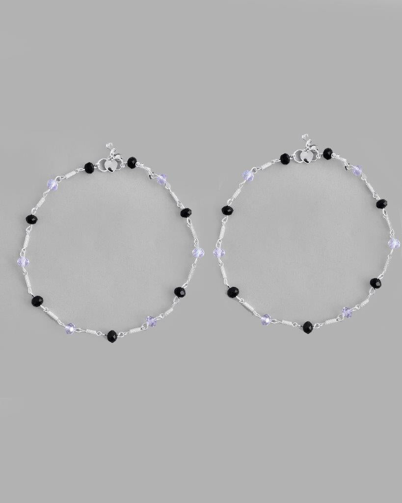 VOJ Set of 2 Silver Plated Black & White Beads Anklets 