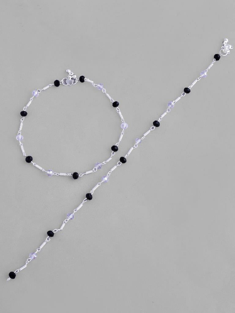 VOJ Set of 2 Silver Plated Black & White Beads Anklets 