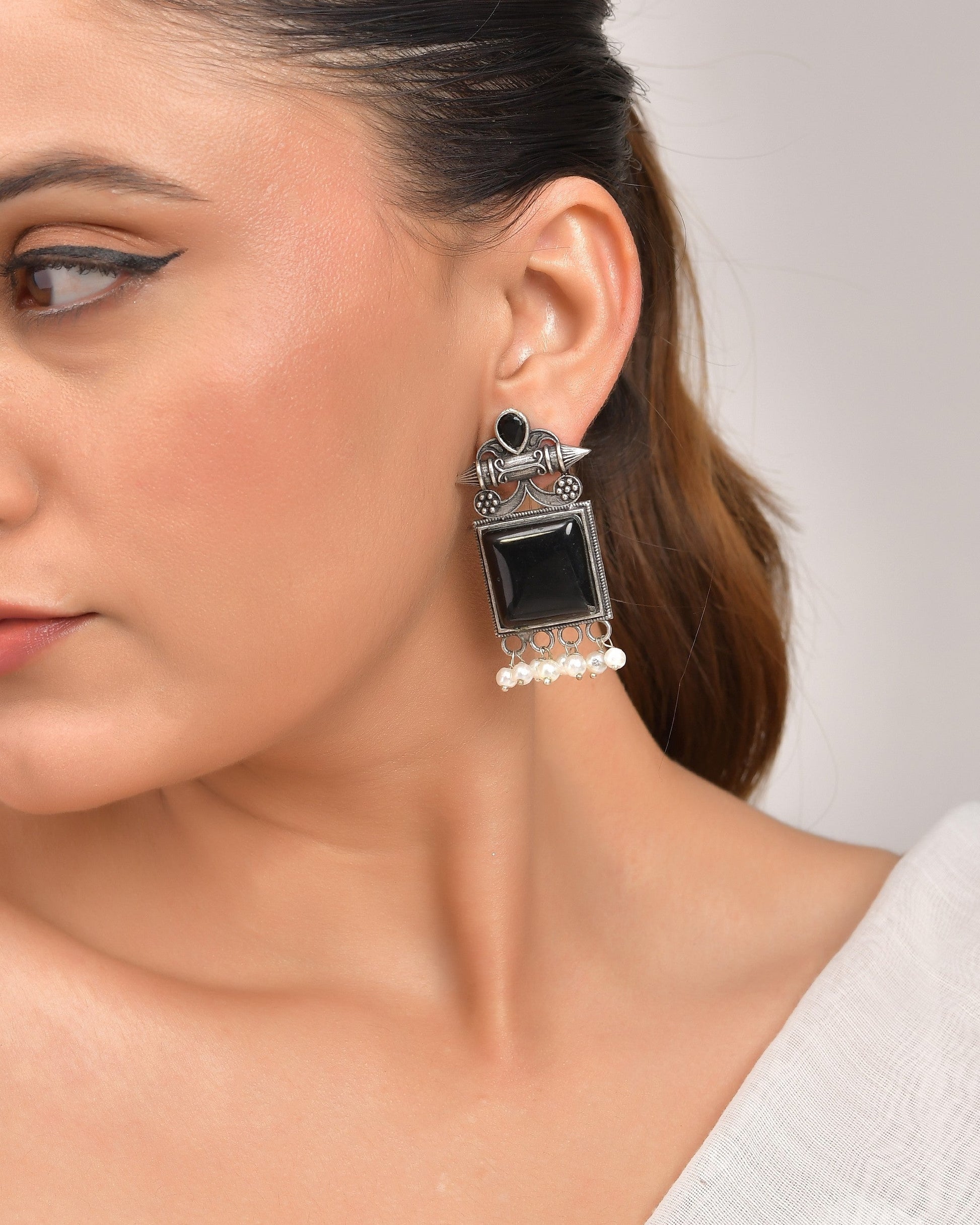 VOJ Silver Plated Oxidized Black Stone Studded Earrings 
