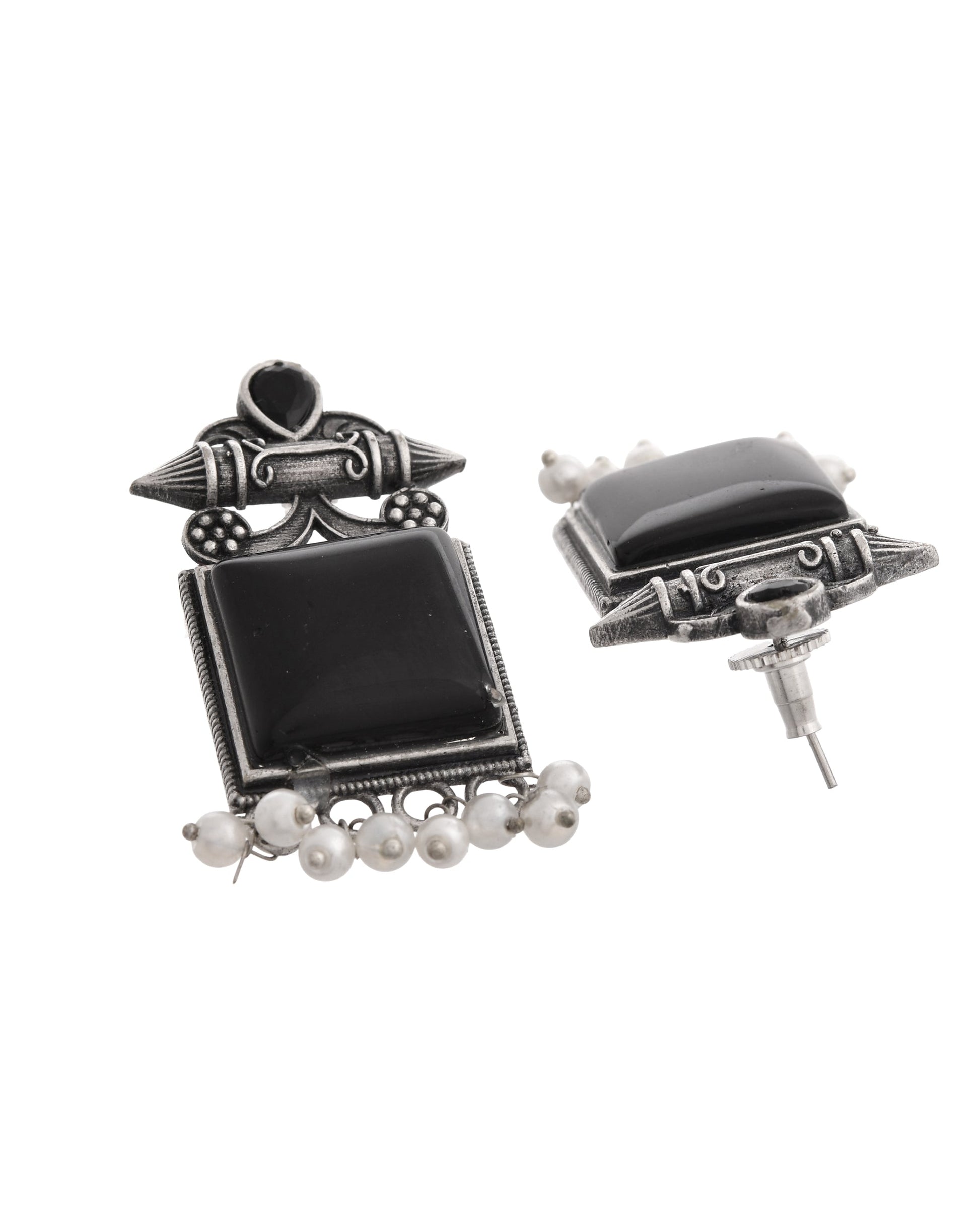 VOJ Silver Plated Oxidized Black Stone Studded Earrings 