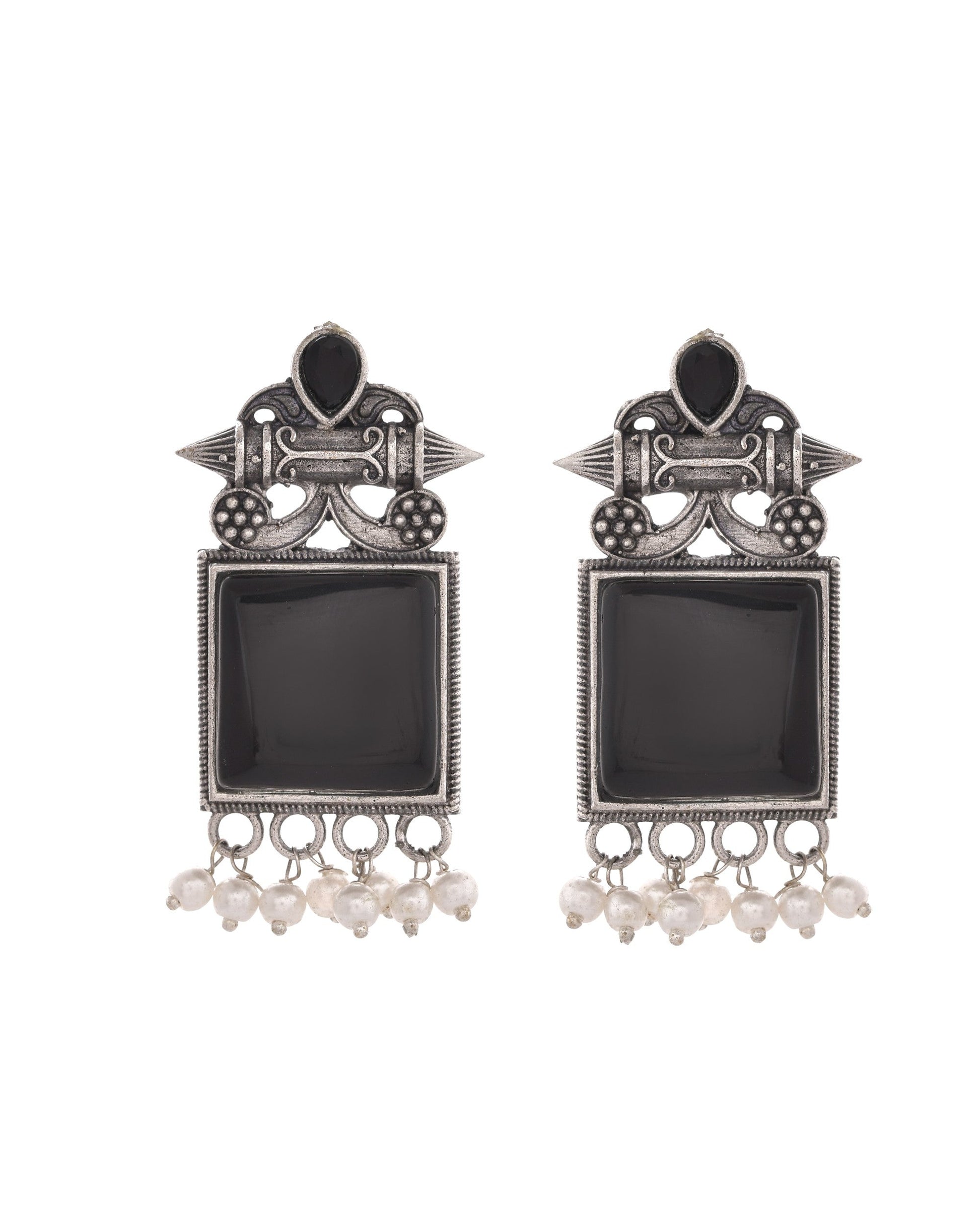 VOJ Silver Plated Oxidized Black Stone Studded Earrings 