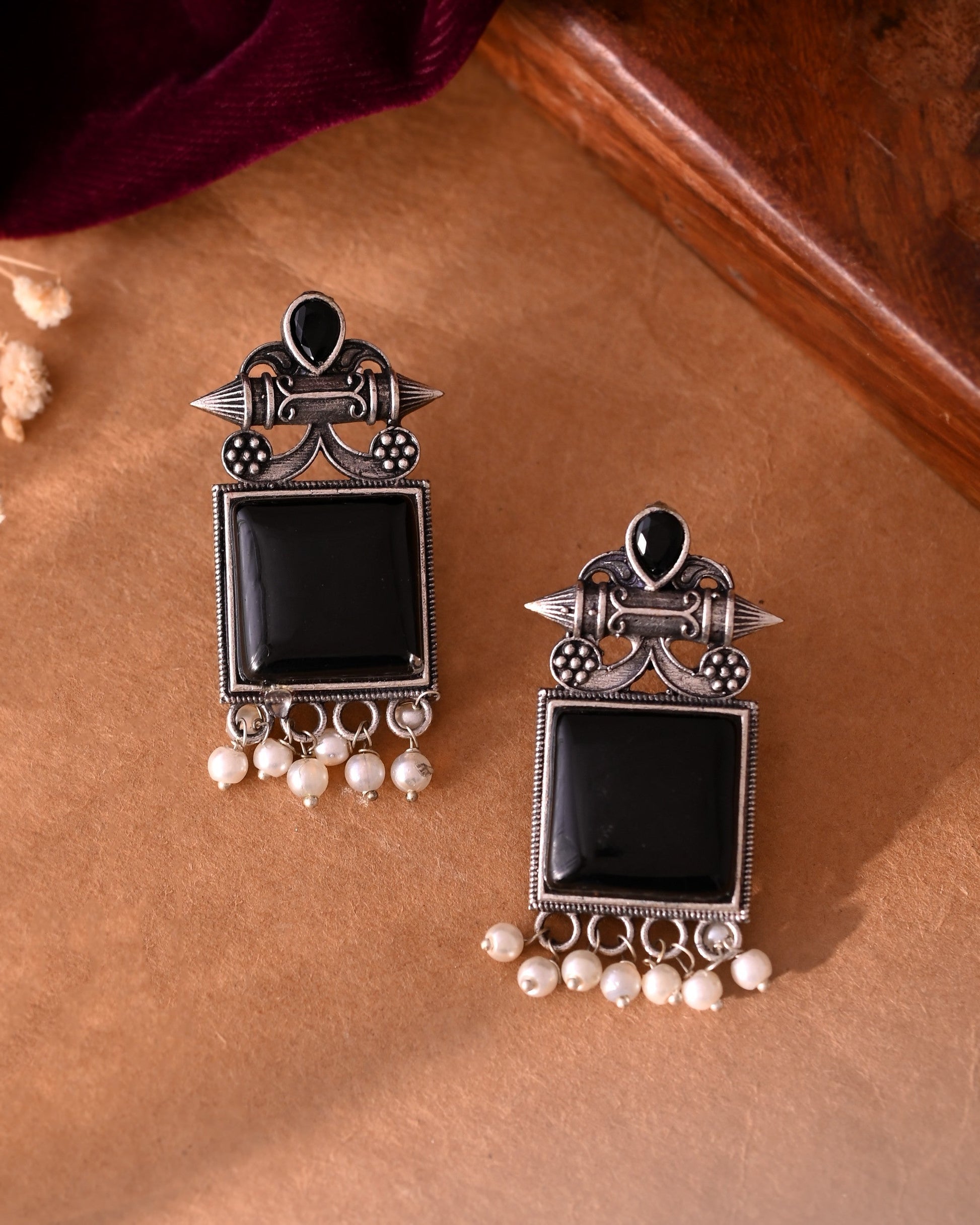 VOJ Silver Plated Oxidized Black Stone Studded Earrings 