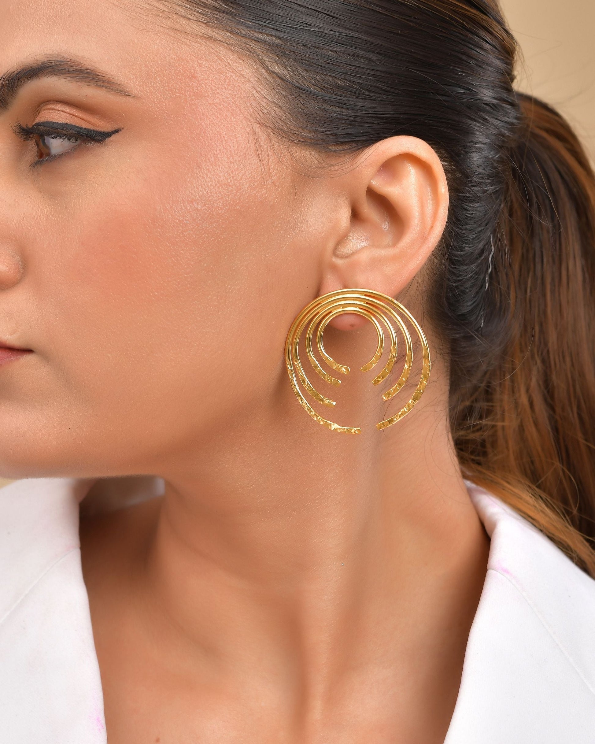 VOJ Gold Polished Anti Tarnished Semi Circle Studs Earrings 