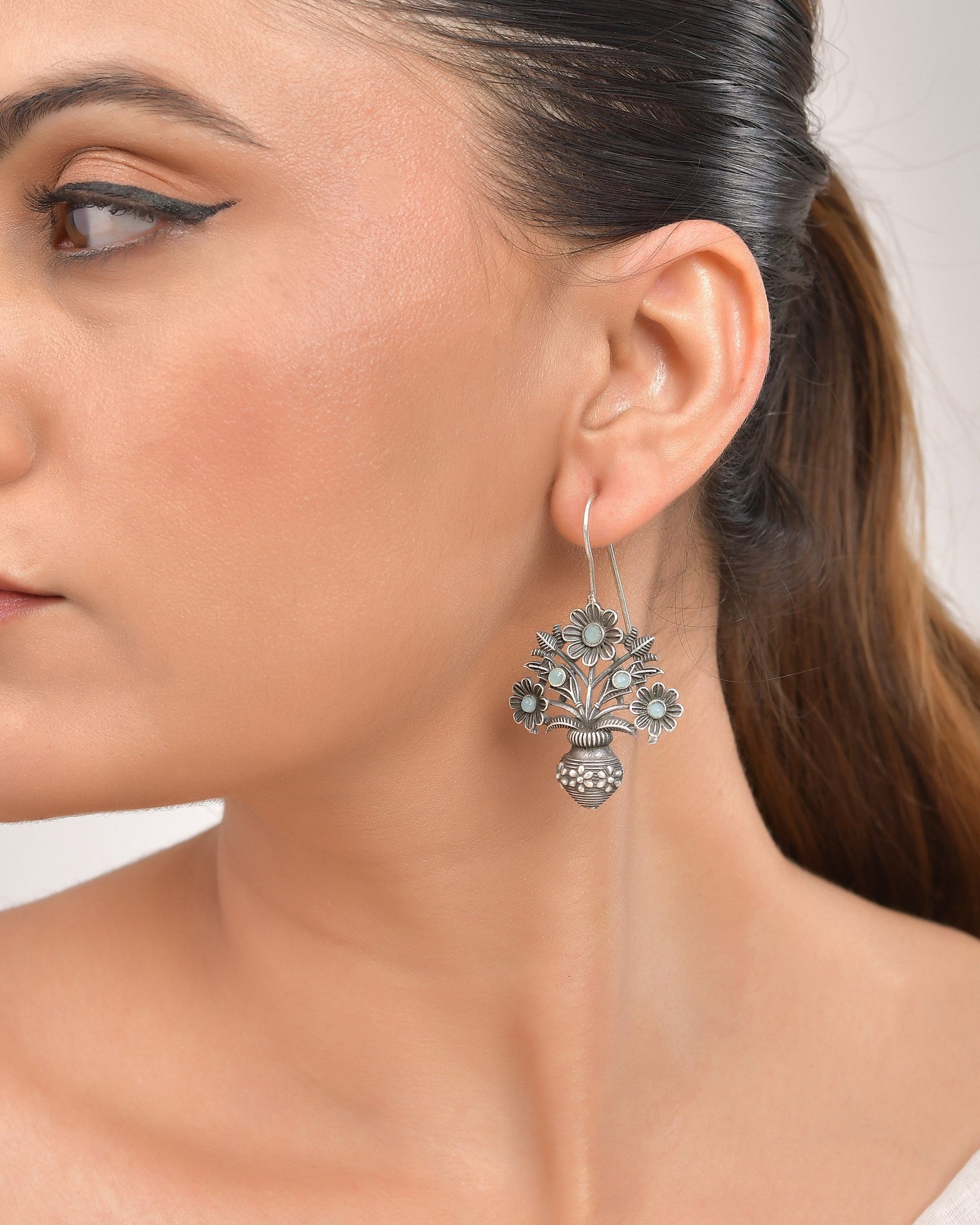 VOJ Silver Plated Floral Shaped Oxidized Drop Earrings 