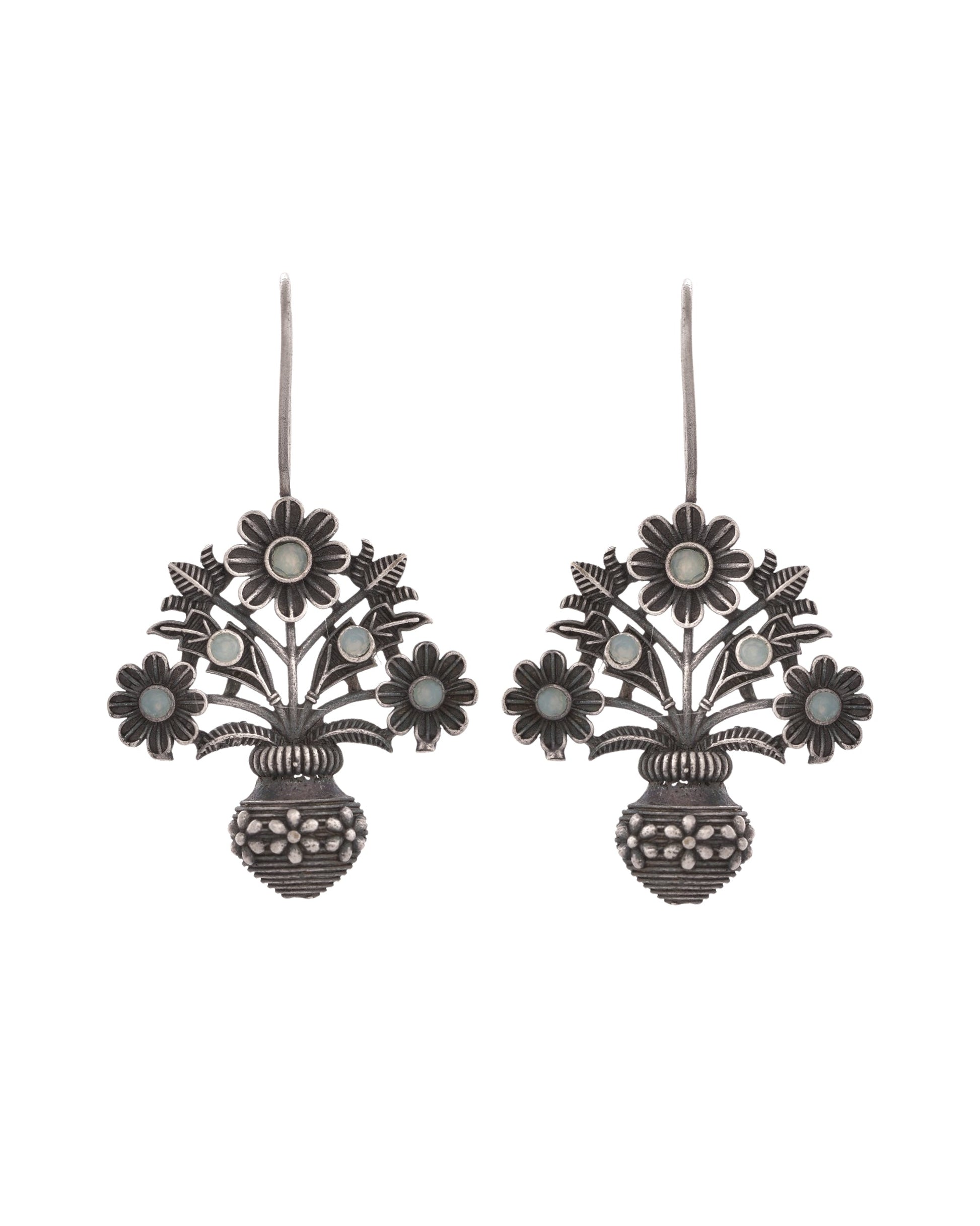 VOJ Silver Plated Floral Shaped Oxidized Drop Earrings 