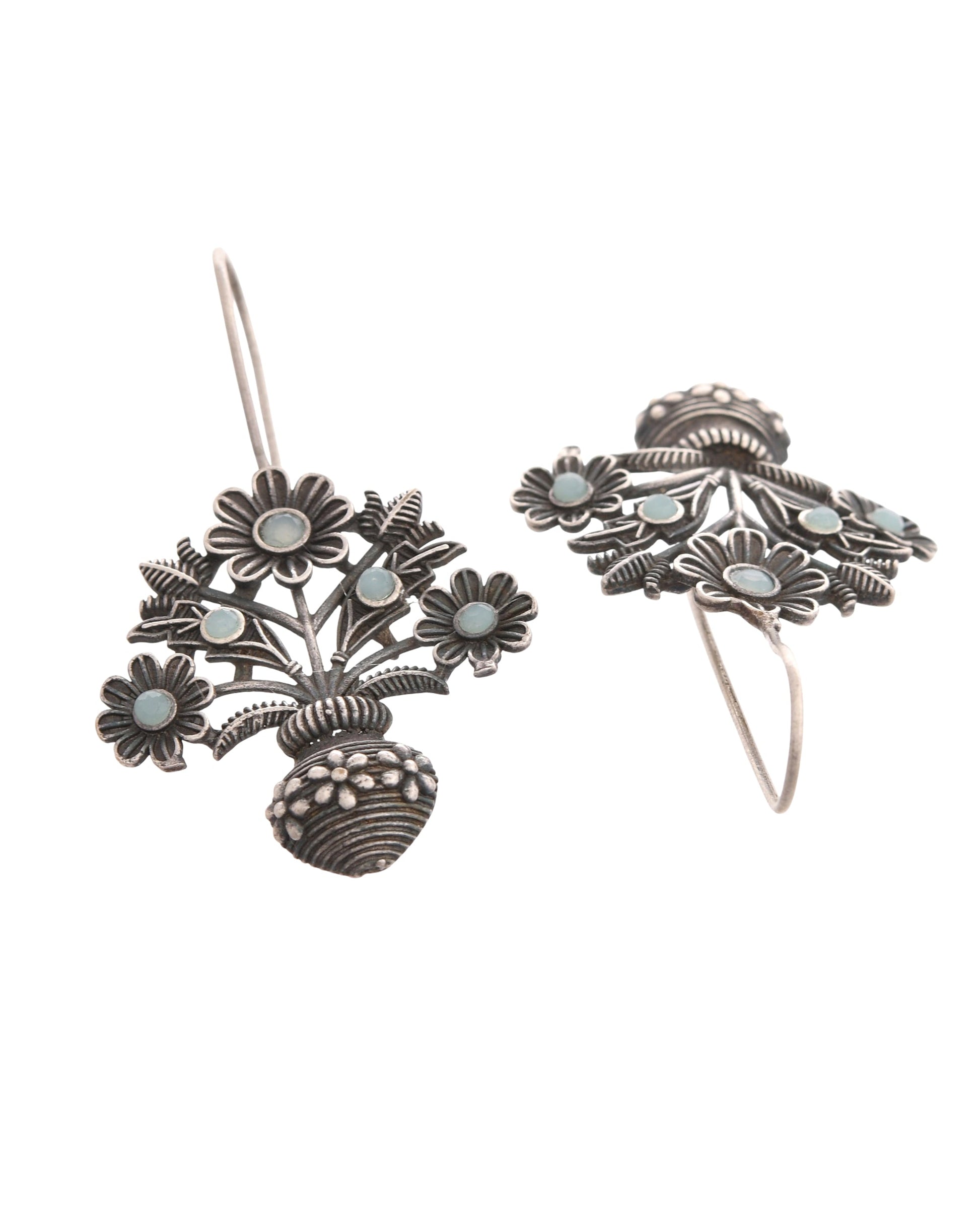 VOJ Silver Plated Floral Shaped Oxidized Drop Earrings 