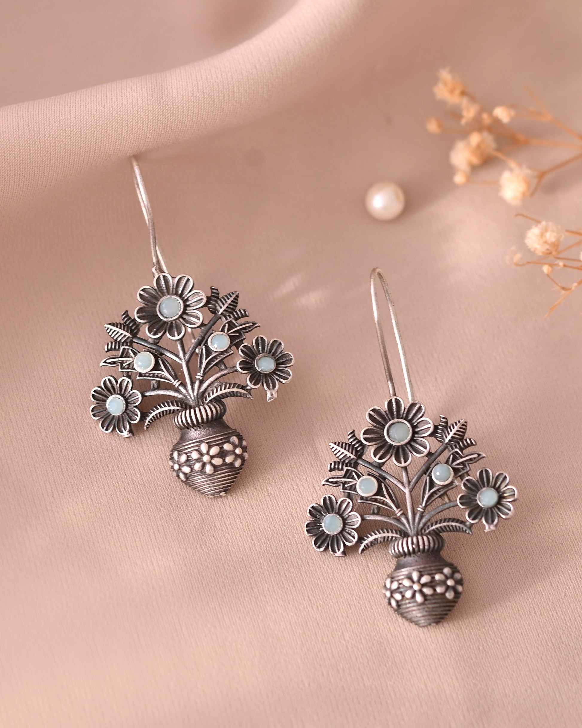 VOJ Silver Plated Floral Shaped Oxidized Drop Earrings 