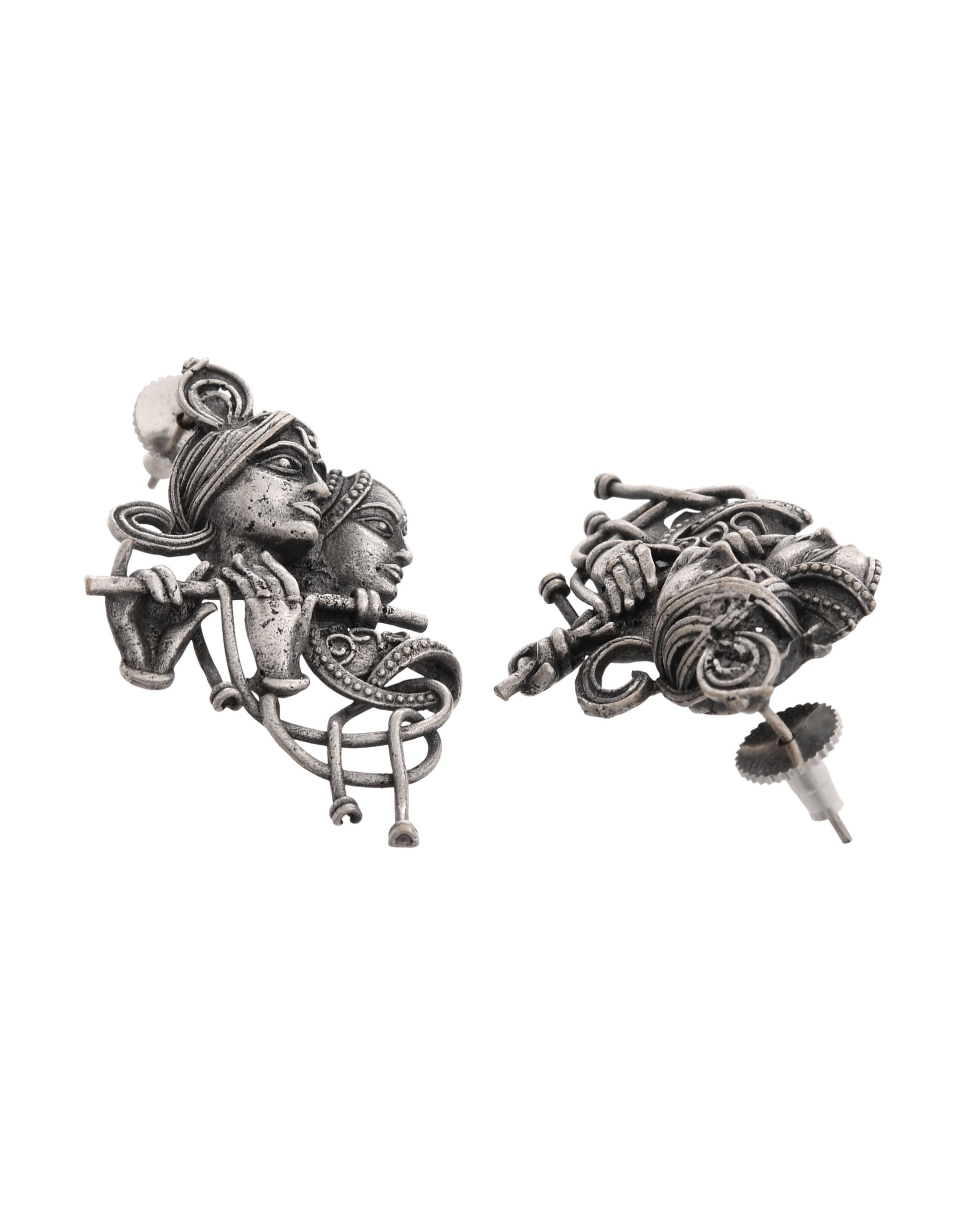 VOJ Silver Plated Oxidized Kanha Shaped Earrings 