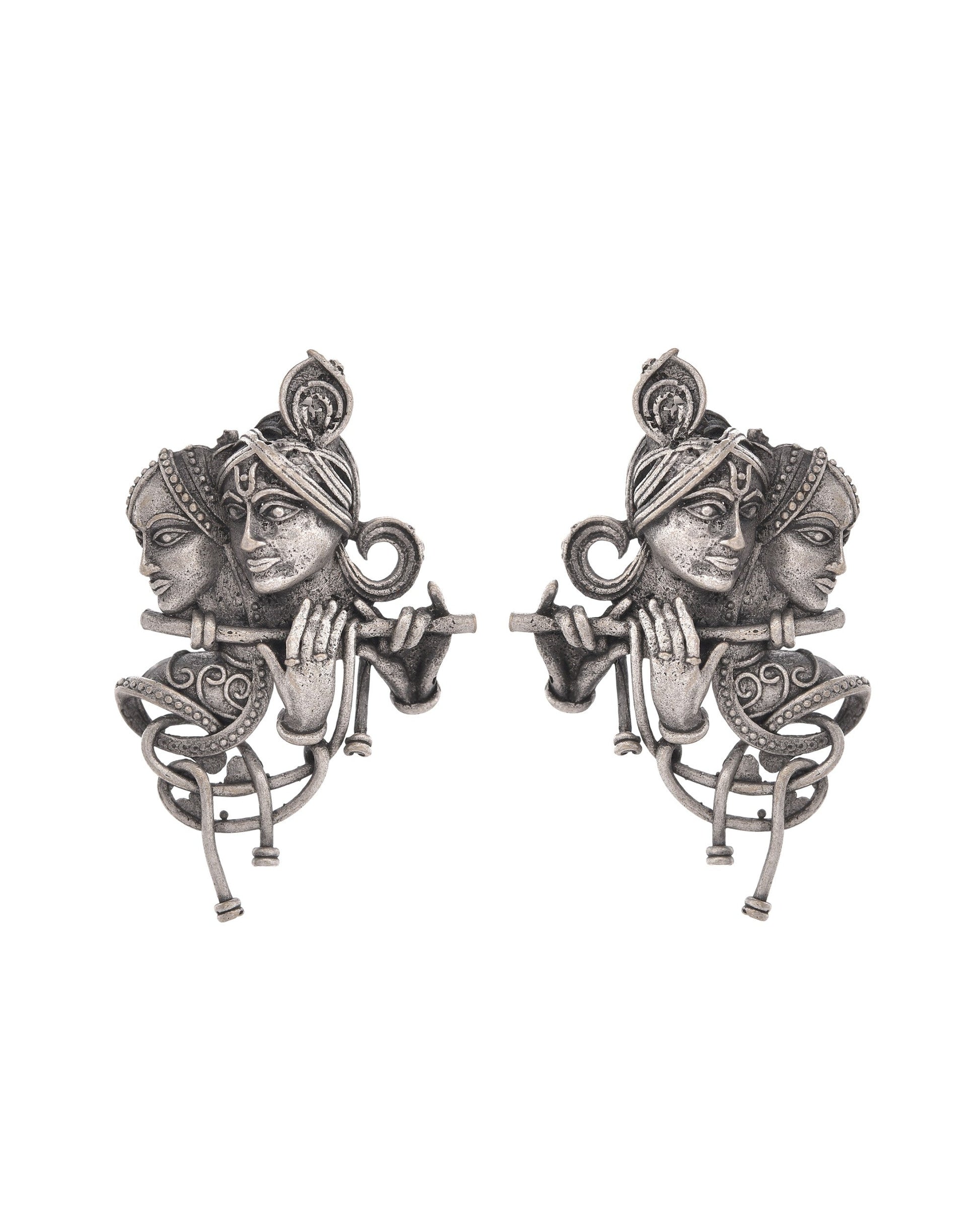 VOJ Silver Plated Oxidized Kanha Shaped Earrings 