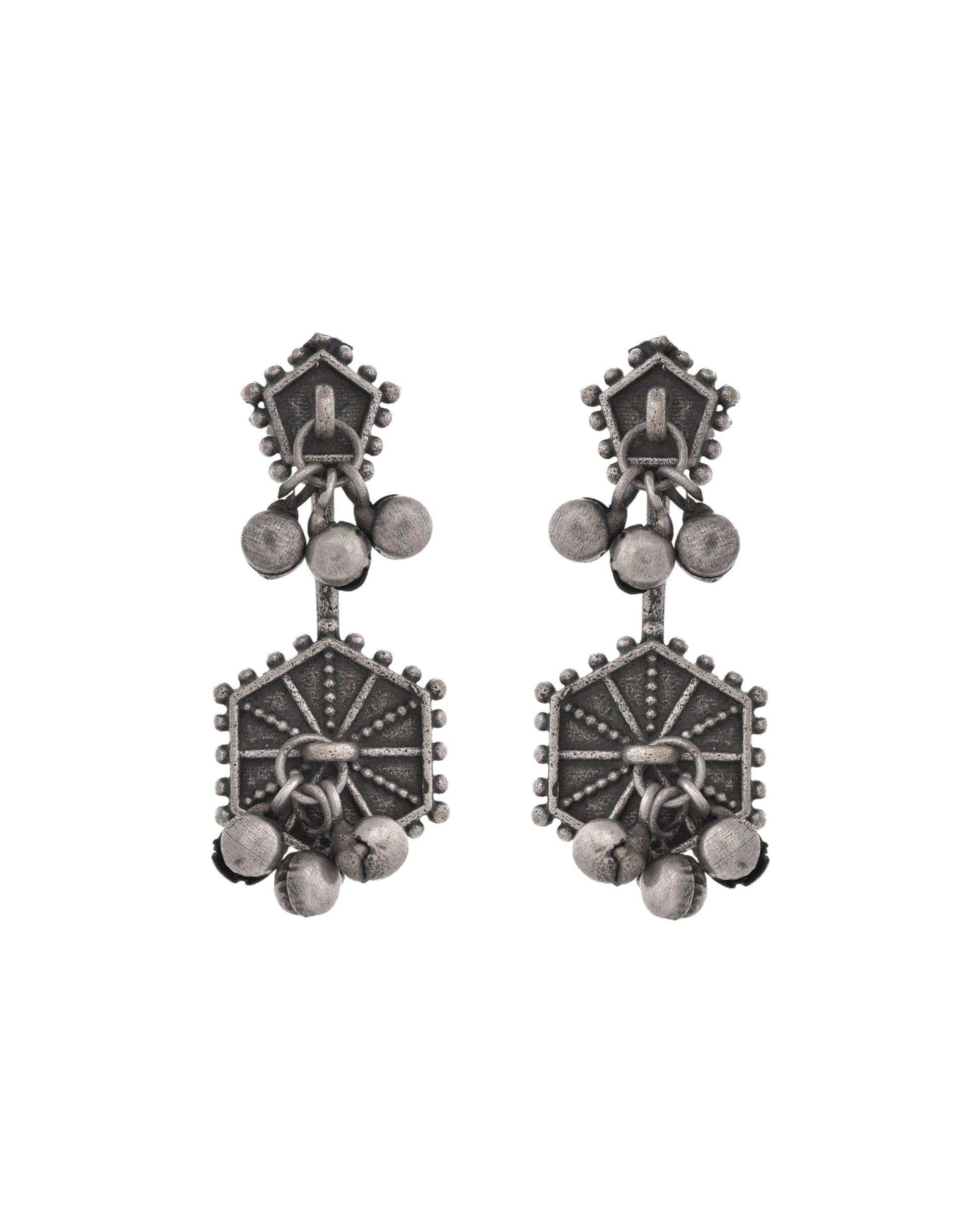 VOJ Silver Plated Oxidized Geometrical Shaped Studs Earrings 