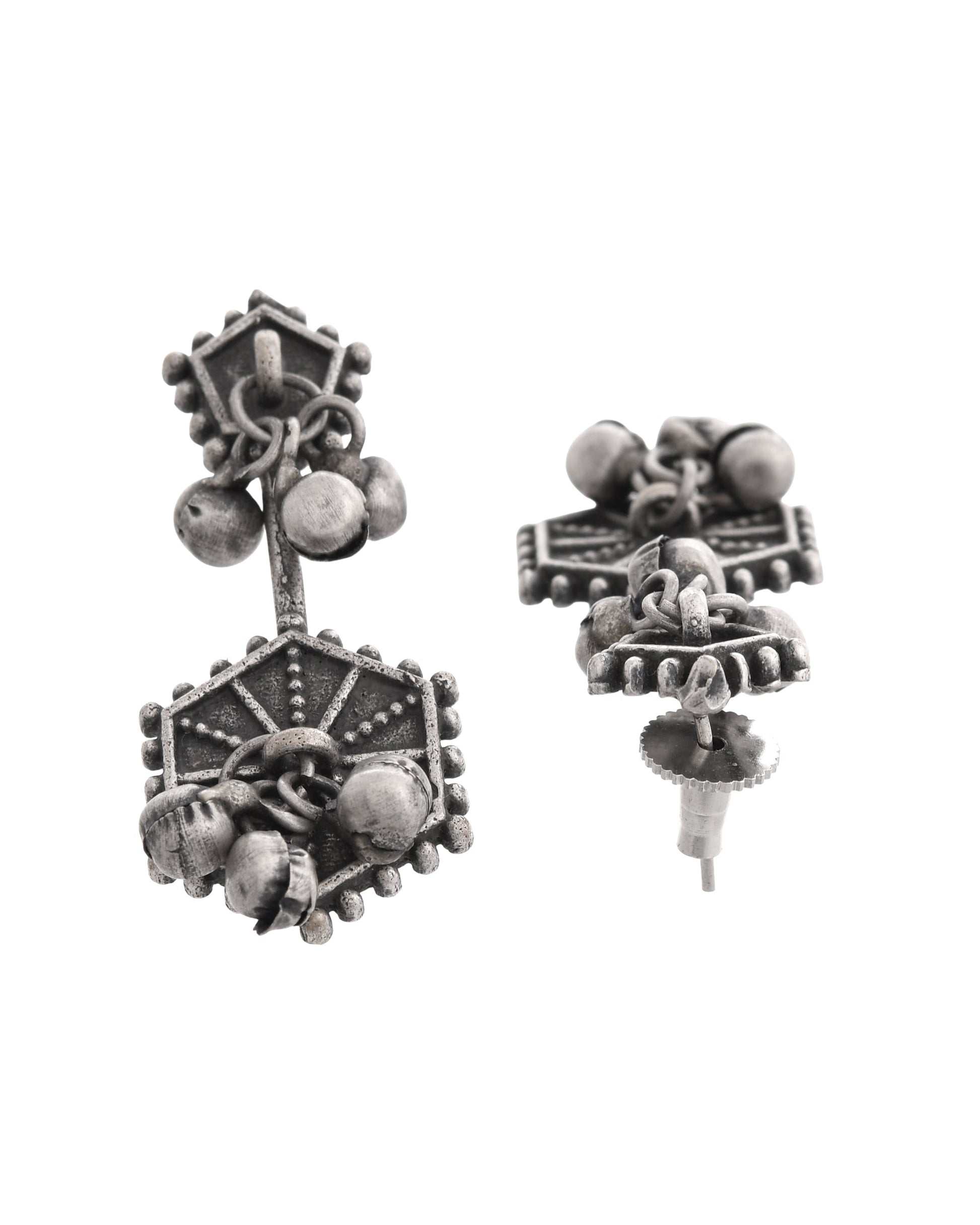VOJ Silver Plated Oxidized Geometrical Shaped Studs Earrings 