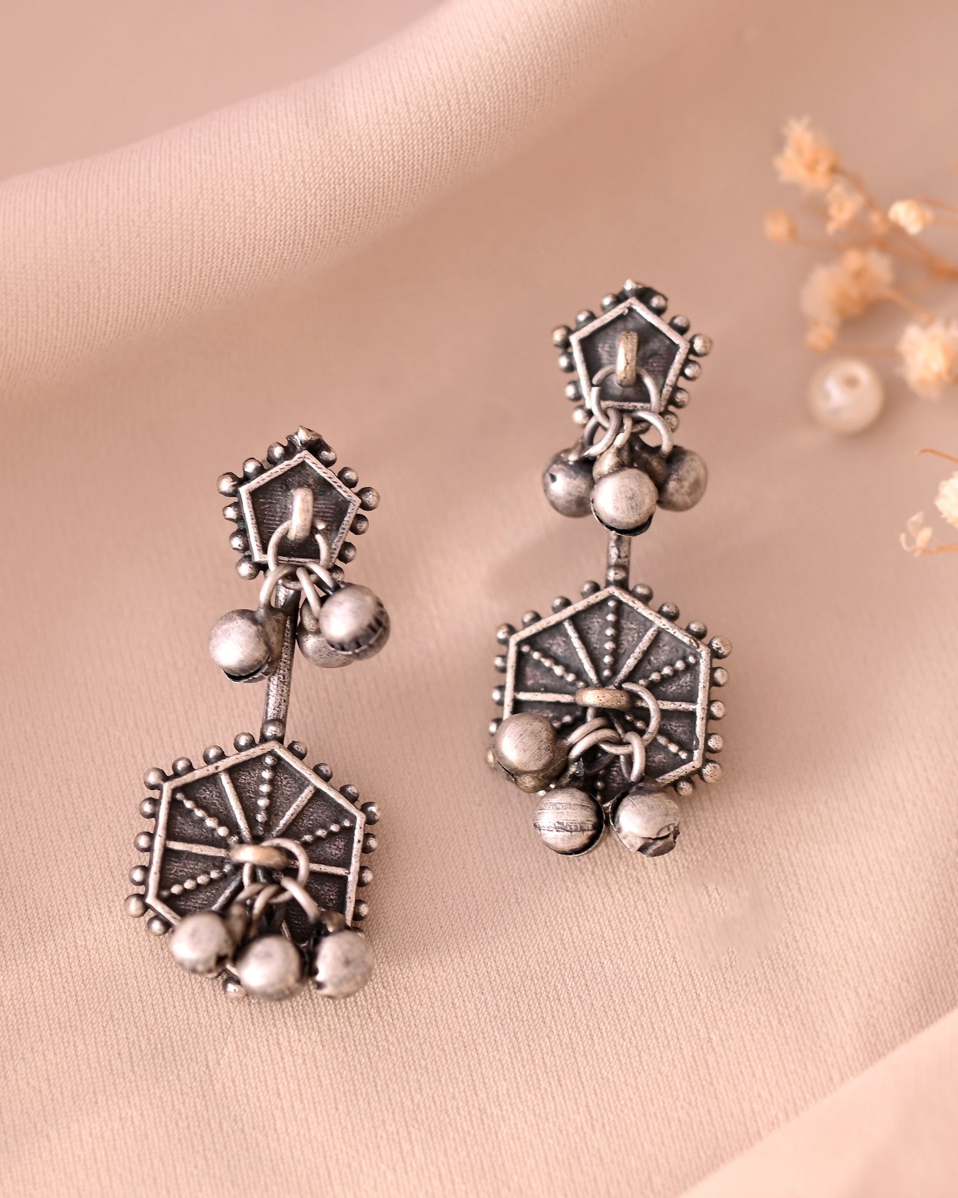VOJ Silver Plated Oxidized Geometrical Shaped Studs Earrings 