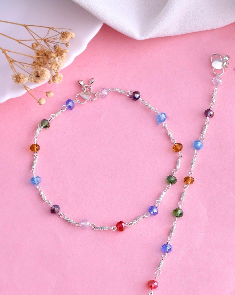 VOJ Set of 2 Silver Plated Multicolor Beads Anklets 