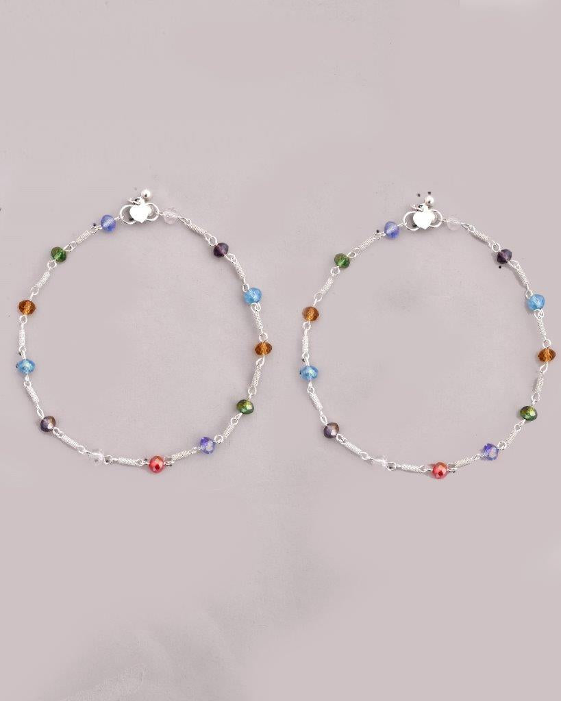 VOJ Set of 2 Silver Plated Multicolor Beads Anklets 