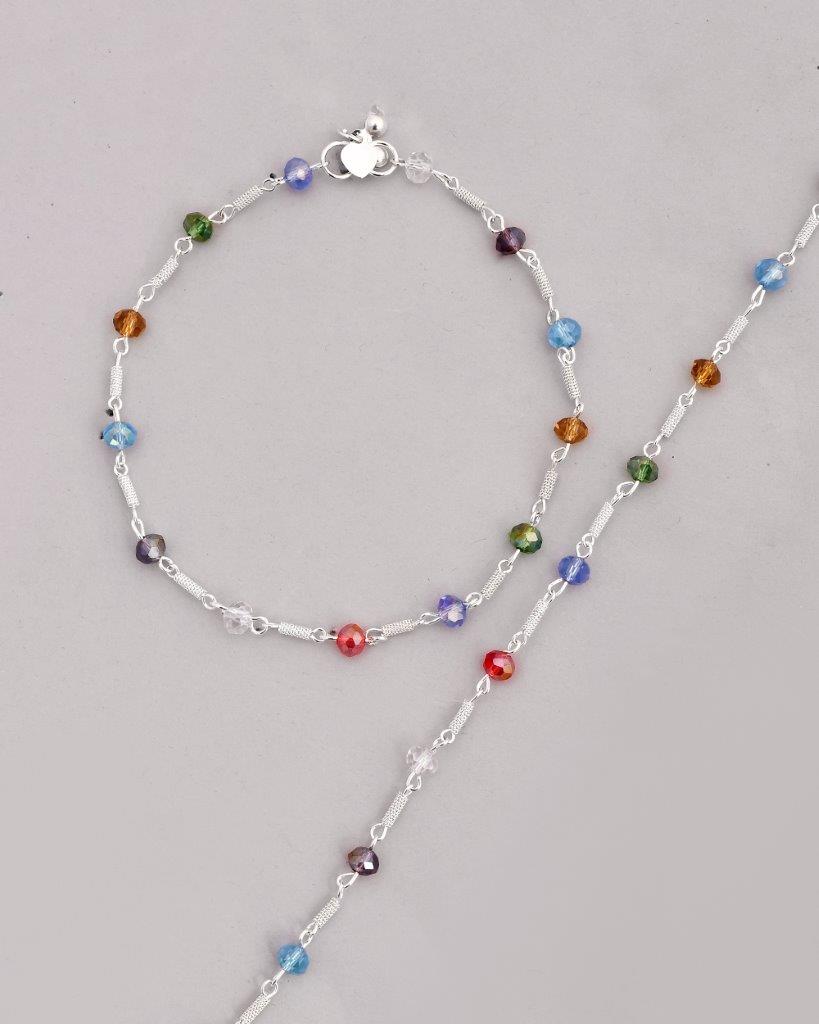 VOJ Set of 2 Silver Plated Multicolor Beads Anklets 